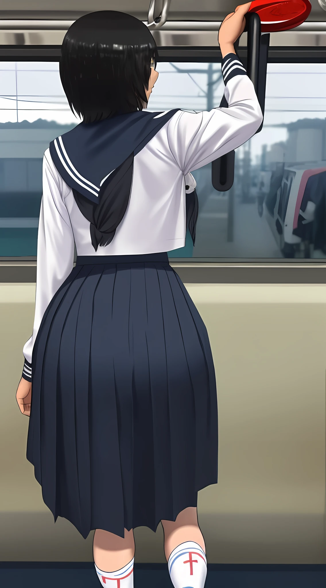 Suzuka, girl, short black hair, face, glasses, atarashii gakko leaders, shirt, leggings, socks, shoes, view from behind, pantyline, firm ass, nsfw, slim figure, drenched in fluid cum, dripped fluid cum fluids, hoe, tight blue skirt uniform, ass cheeks, cum dump celebrity, raped from behind, public, torn skirt, glancing smirking, raped in train, with a stranger, chikan part 2 in the train, standing, people background, person behind Suzuka, beside her, upskirt, chikan groping, moaning in the train, holding onto the railing, side view,