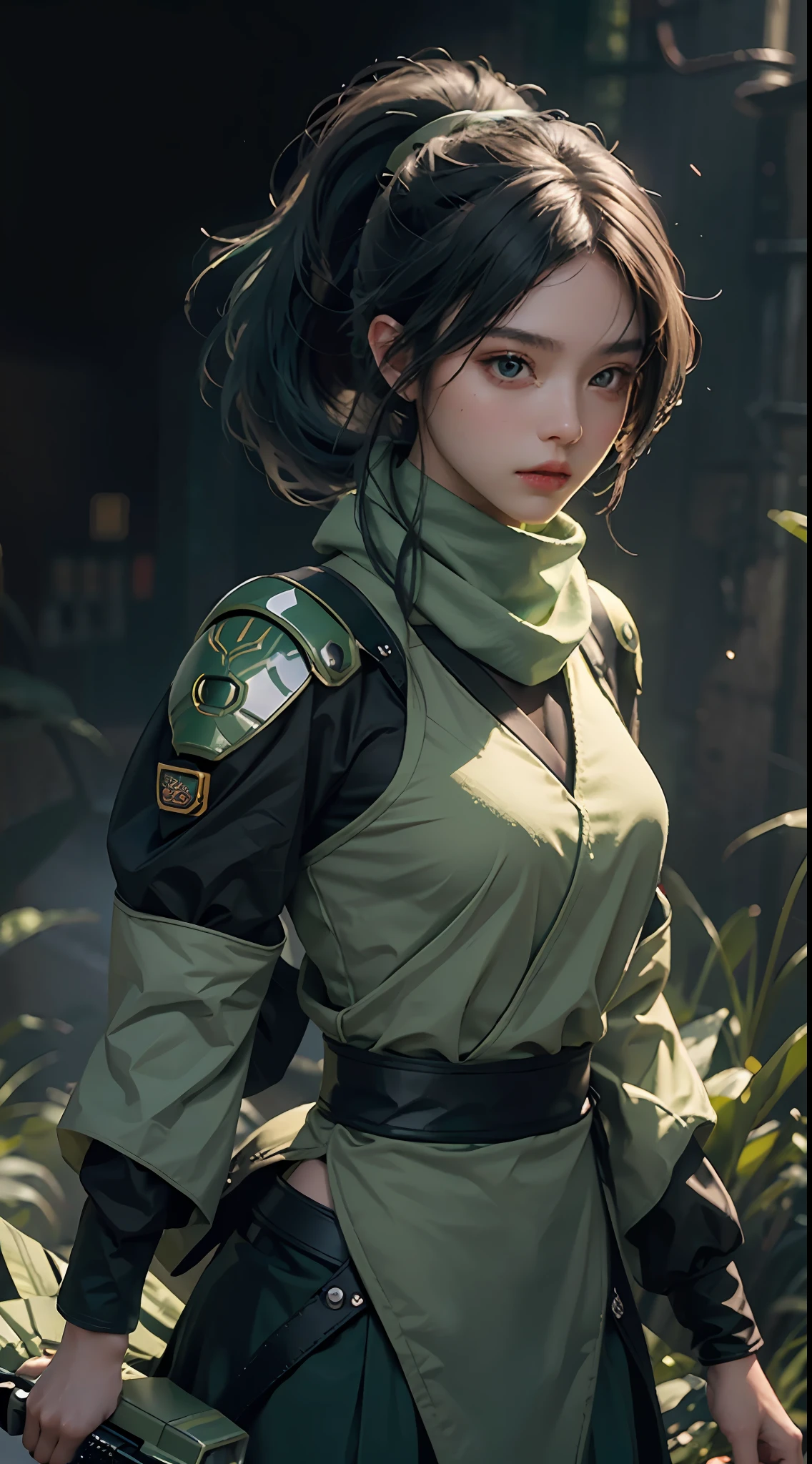 Highest image quality, outstanding detail, super high resolution, (realism: 1.4), best illustration, favor details, highly condensed 1girl, with a delicate and beautiful face, dressed in black and green mecha, wearing a mecha helmet, holding a directional controller, upper body, white hair, ponytail, purple eyes, (ninja), short sword, medium chest, scarf, magic array background, light particles, green fire,