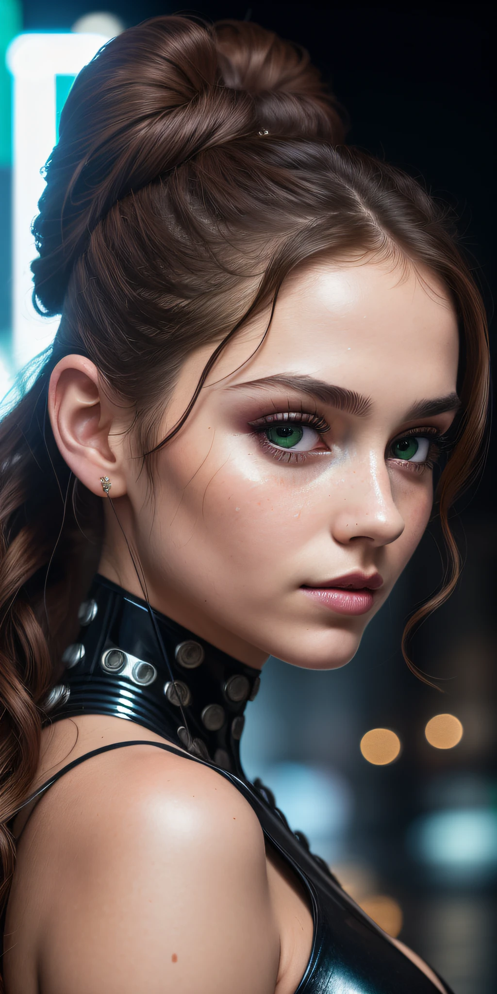 Full face portrait photo of 25 year old European girl, RAW, beautiful woman, half-open strawberry lips, dimples, longing gaze, green eyes, big pupils, big eyelashes, (very long wavy brown hair), ((detailed face)), ((detailed facial features)), (fine skin), pale skin, (tech cyberpunk dress with detailed deep cleavage), Cyberpunk megacity environment, (cold colors), wet, damp, reflection, (masterpiece) (perfect proportions) (realistic photos) (highest quality) (detail) shot with Canon EOS R5, 50mm lens, f/2.8, HDR, (wallpaper) (film lighting) (dramatic lighting) (sharp focus) (complex), (face close-up), (ponytail, 1 large bun),