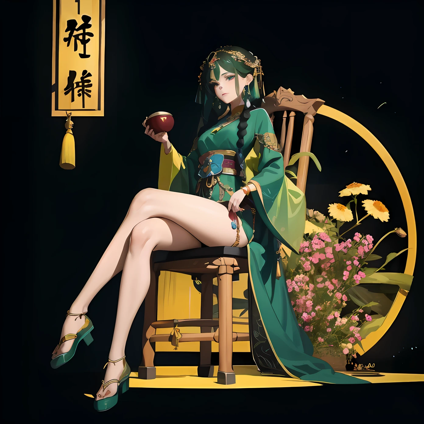 There is a woman sitting on a chair drinking a cup of coffee, Guviz, Guwiz style artwork, palace, Hanfu girl, popular on CGSTATION, inspired by Ju Lian, full body fairy, inspired by Lan Ying, a beautiful fantasy queen, Gu Wiz in the Pixiv art station, inspired by Puhua, there is a large river behind it, and there is a bridge over the river