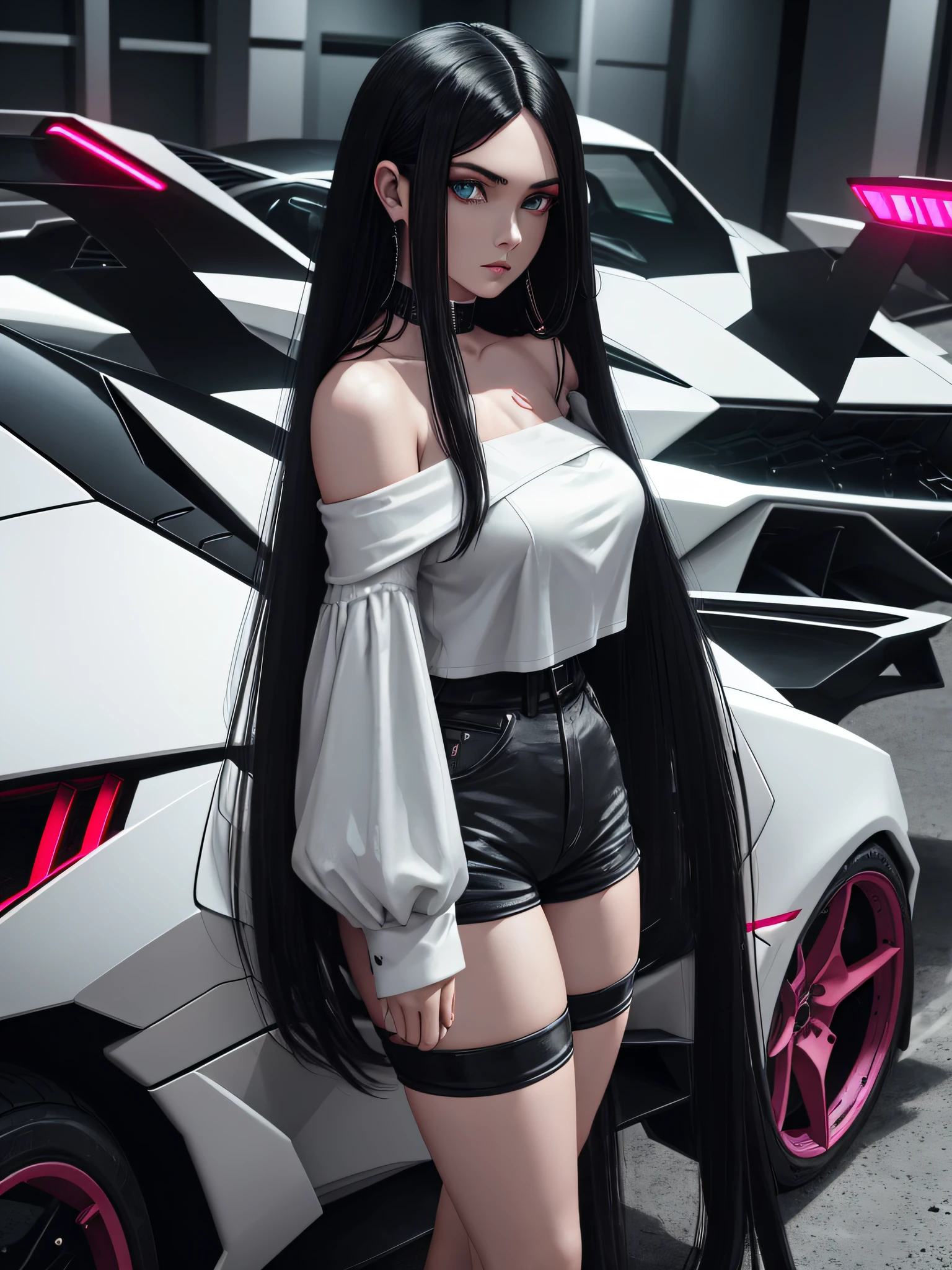 Black space, cyberpunk style, white Lamborghini, 1 woman, beauty, car model, long black hair, big eyes, sexy figure, tall figure, (black super shorts), (pink off-the-shoulder short sleeves), standing in front of (white Lamborghini), model standing.