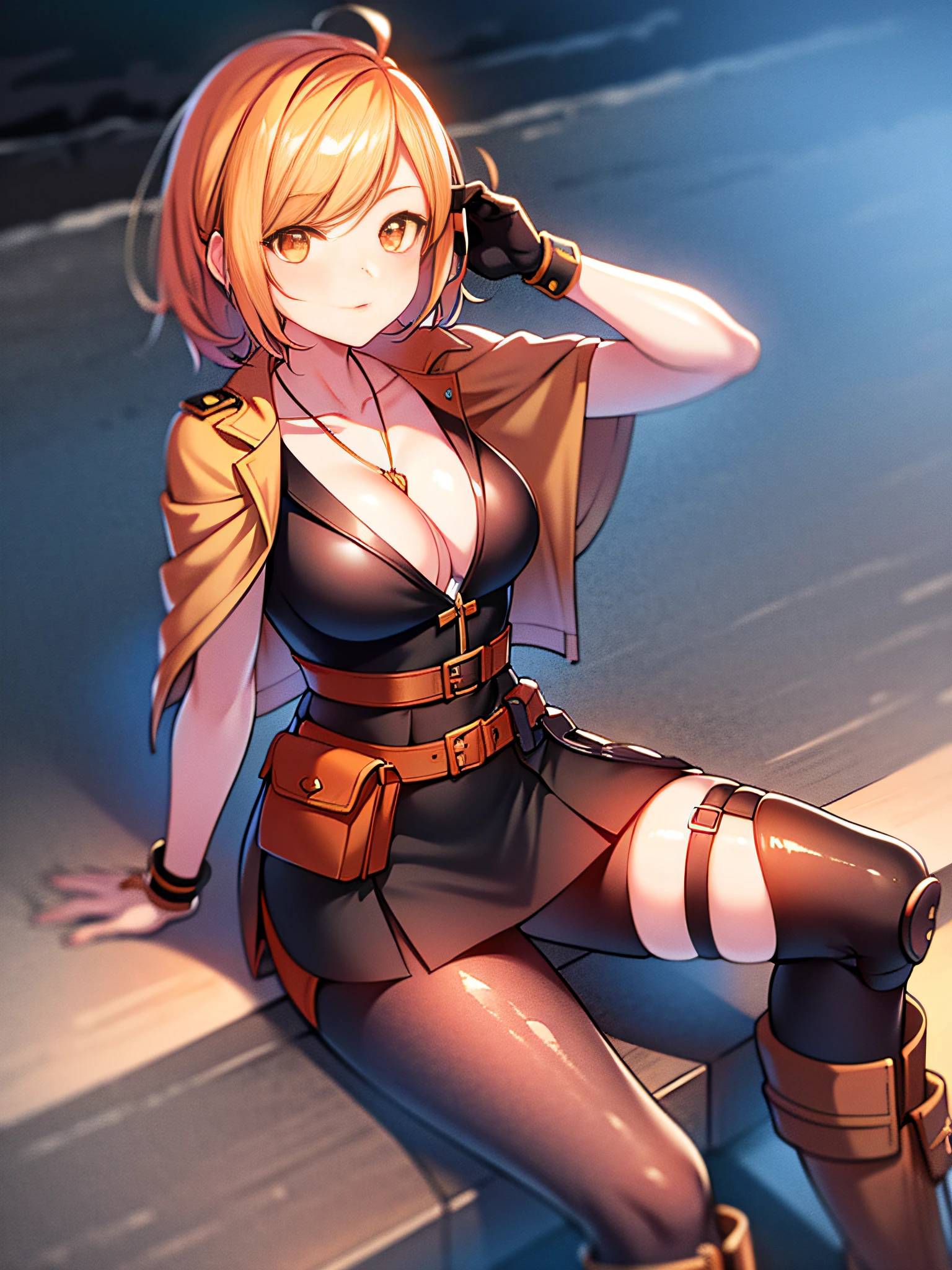 orange eyes light,richly faded light orange hair, anime 1girl, no  skirt, brown military boots, pouch on the waist belt, khaki bikini, "black tights", "dark_orange knee pad on right leg",( night city:1.4), black long cloak, (good hand:1.5 ) good legs, (Good face: 1.5), 1girl, best hand, no worst hand. without clothes, in big city