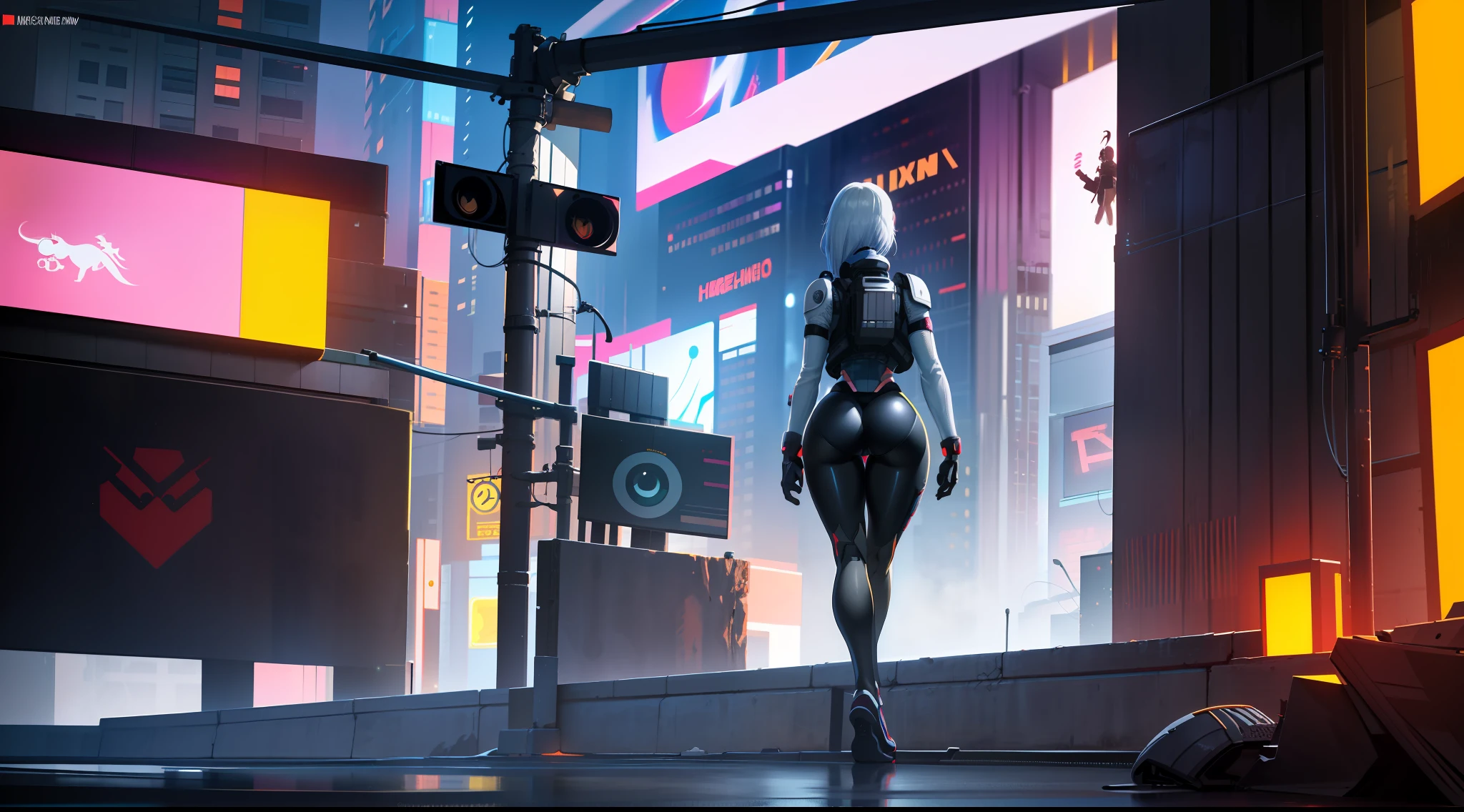1girl, anime girl, commission for high res, thicc, lit from behind, [ 4 k digital art ]!!, sfw version, detailed fanart, oc commission, character is in her natural pose, anime lush, combine assassin, 1girl, solo, helmet, faceless, gloves, military, science fiction, gas mask, shoulder armor, bulletproof vest, one-eyed, glowing eye, petite, black bodysuit, white armor, large breasts, ass, presenting, wide hips, combine assassin, cyberpunk, city, tower, dystopia, neotokyo, ghost in the shell, blue camo, white vest, skintight, exposed thighs, exposed stomach, exposed hips, sexy tight clothes, full body shot, bike shorts, exposed legs, bare legs, street, neon light, blade runner 2049, holograms, hologram billboard, backround characters, backround, police, corporate, rooftop roof, appartment,