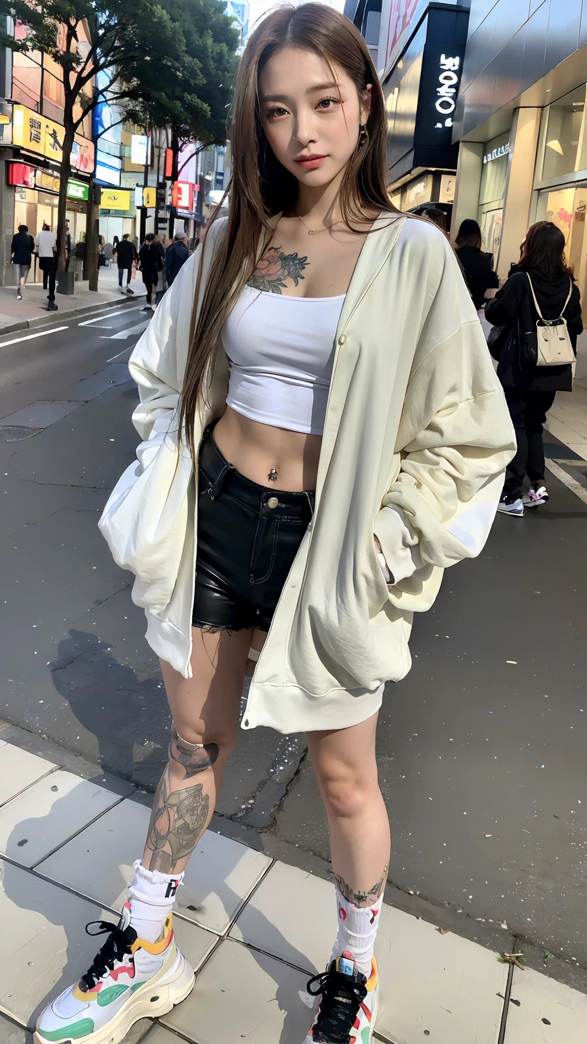 (Raw Photos:1.2),((Photorealistic:1.4)),Top Quality,Masterpiece, Very delicate and beautiful, Highly detailed 8k wallpaper, Amazing,Fine details, Highly detailed 8k wallpaper, Ultra detailed, High Resolution, Beautiful Detailed Girl, Very detailed eyes and face, Beautiful detailed eyes, Movie lighting, 1 girl, full body, Full body shot, viewer view, best detailed background, (smile), (( Top quality, 8k, masterpiece: 1.3)), woman, delicate, high quality, realistic to the details, meticulously written eyes, full body portrait shot 8k, stunning portrait, perfect portrait, beautiful Japan woman, in the middle of the street, street fashion, stonagirl, hiphop, sensibility, unique personality, eccentric impression, personality explosion, individual, fashionable, Fashion cutting-edge, realistic expression, cute Japan, Harajuku fashion, Harajuku fashion, high image quality, masterpiece, best image quality, casual clothing, street fashion, large clothes, loose clothes, well-shaped eyes, undistorted eyes, beautiful eyes, delicate eyes, cutting-edge street casual fashion, hip hop culture, hip-hop fashion, rapper fashion, Popular rapper, fancy clothes, wacky, eye-catching outfits, fashion leader, fashion icon, symmetrical eyes, not incongruous eyes, women with tattoos, tattoos, wacky tattoos, lots of tattoos on the body