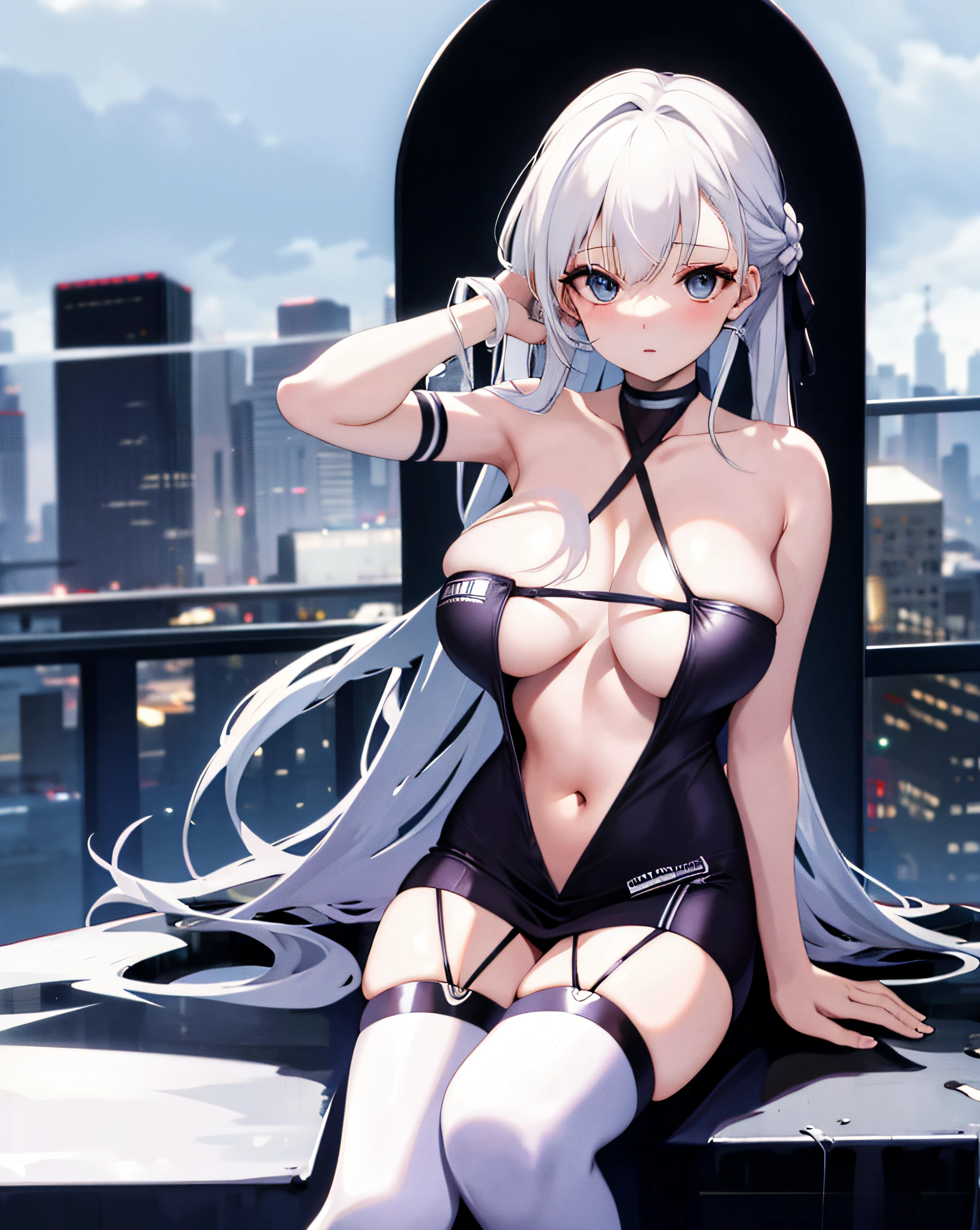 szrace,1girl,solo,huge breasts, cleavage, white hair,sitting, long hair,white thighhighs, outdoors,cityscape, bare_arms,spread legs,