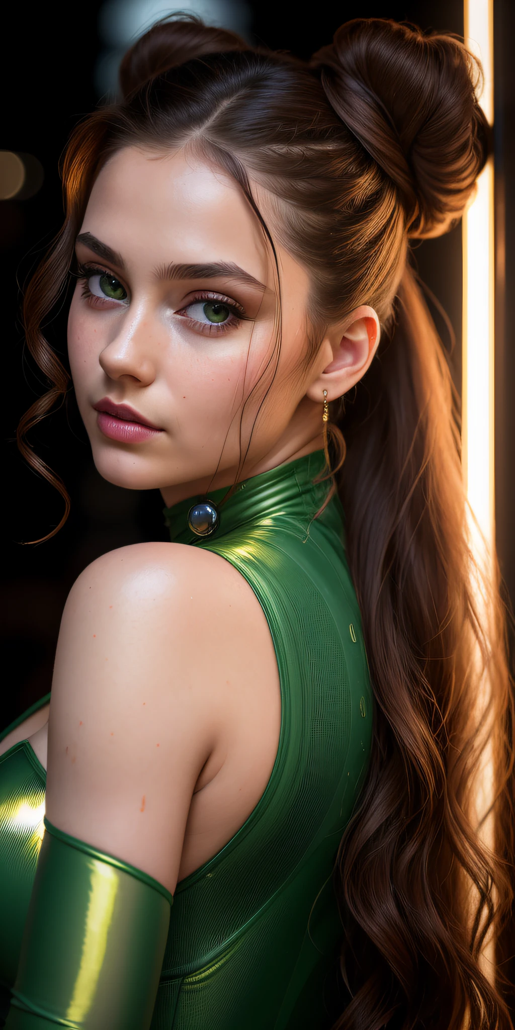 Full face portrait photo of 25 year old European girl, RAW, beautiful woman, half-open strawberry lips, dimples, longing gaze, green eyes, big pupils, big eyelashes, (very long wavy brown hair), ((detailed face)), ((detailed facial features)), (fine skin), pale skin, (tech cyberpunk dress with detailed deep cleavage), Cyberpunk megacity environment, (cold colors), wet, damp, reflection, (masterpiece) (perfect proportions) (realistic photos) (highest quality) (detail) shot with Canon EOS R5, 50mm lens, f/2.8, HDR, (wallpaper) (film lighting) (dramatic lighting) (sharp focus) (complex), (face close-up), (ponytail, 1 large bun),