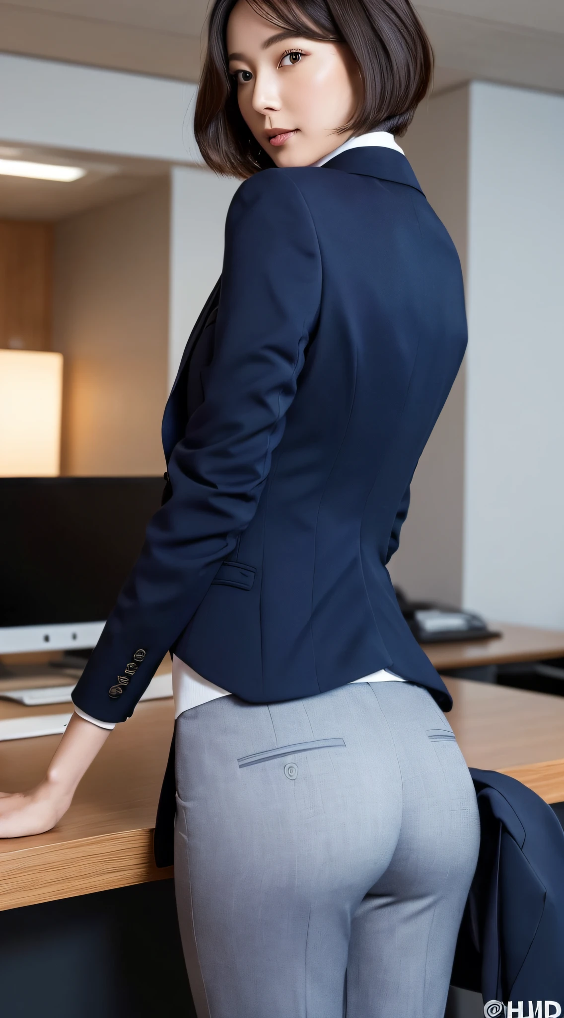 (Best Quality, 8k, 32k, Masterpiece, UHD: 1.2), 1 Girl, Beautiful Japan Woman, Navy Suit, Open Jacket, Office Lady, Suit, Pants, From Back, Office, (Protruding Butt: 1.5), Detailed Face, Short Hair, Watch Viewer, Short Length Jacket, Thin Waist, Beautiful Ass