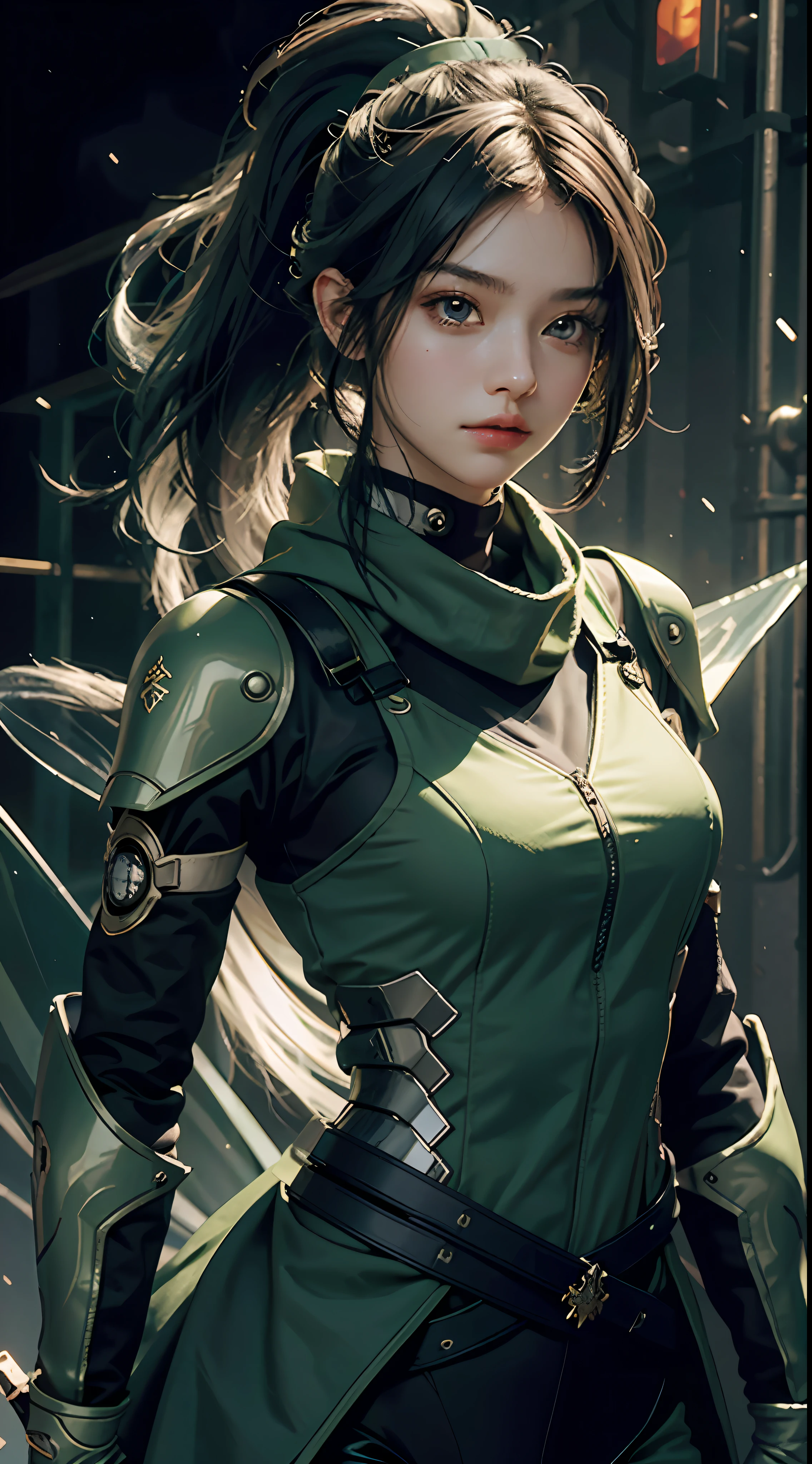 Highest image quality, outstanding detail, super high resolution, (realism: 1.4), best illustration, favor details, highly condensed 1girl, with a delicate and beautiful face, dressed in black and green mecha, wearing a mecha helmet, holding a directional controller, upper body, white hair, ponytail, purple eyes, (ninja), short sword, medium chest, scarf, magic array background, light particles, green fire,