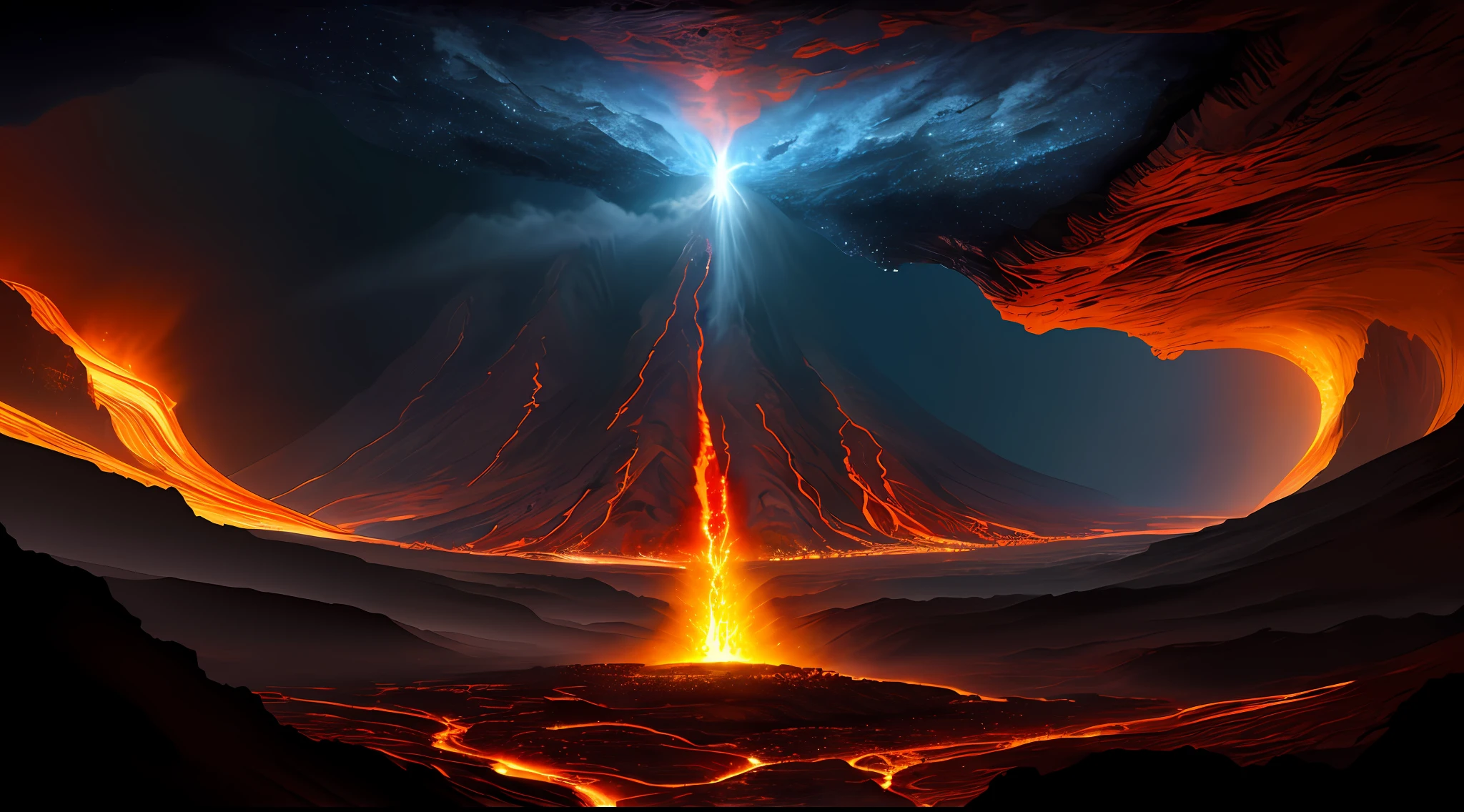 A beautiful Earth full of water and lava, intricate, masterpiece, expert, very detailed, 4k, composition, frame, center, symmetry, painting, intricate, volumetric lighting, beautiful, rich dark masterpiece, sharp focus, ultra-detail, in the style of Dan Mumford and Marc Simonetti, astrophotography