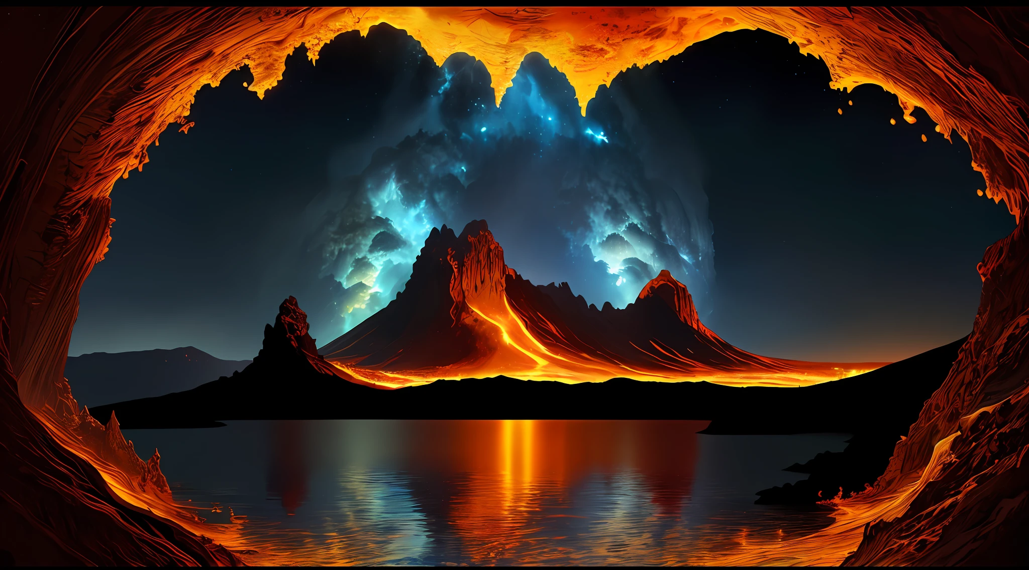 A beautiful Earth full of water and lava, intricate, masterpiece, expert, very detailed, 4k, composition, frame, center, symmetry, painting, intricate, volumetric lighting, beautiful, rich dark masterpiece, sharp focus, ultra-detail, in the style of Dan Mumford and Marc Simonetti, astrophotography