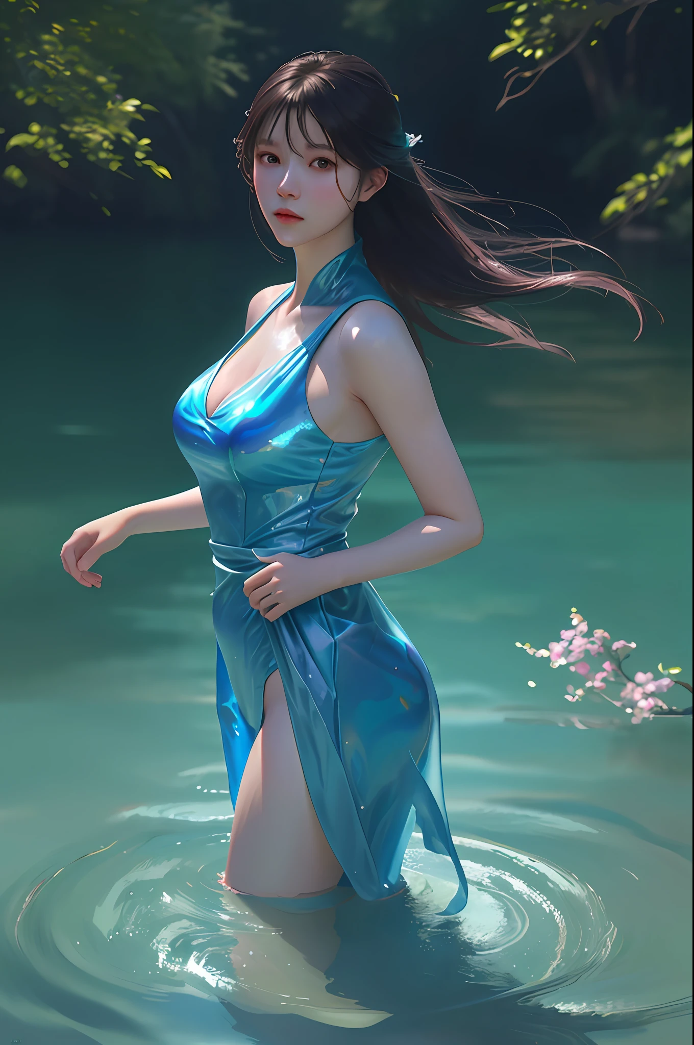 arafed woman with a very large breast standing in the water, a photorealistic painting inspired by Yanjun Cheng, trending on Artstation, digital art, soft portrait shot 8 k, yanjun chengt, wlop glossy skin, 8k artgerm bokeh, 8k portrait render, stunning anime face portrait, gorgeous face portrait