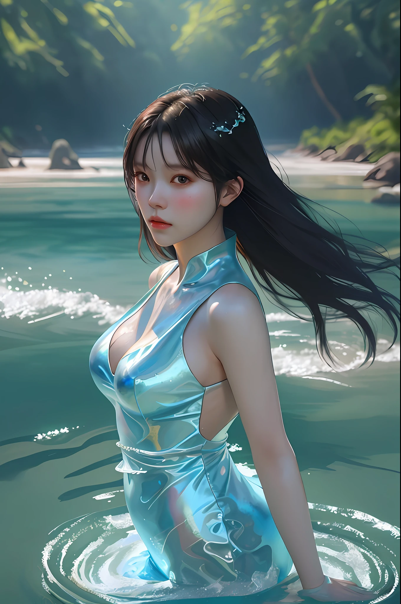 arafed woman with a very large breast standing in the water, a photorealistic painting inspired by Yanjun Cheng, trending on Artstation, digital art, soft portrait shot 8 k, yanjun chengt, wlop glossy skin, 8k artgerm bokeh, 8k portrait render, stunning anime face portrait, gorgeous face portrait