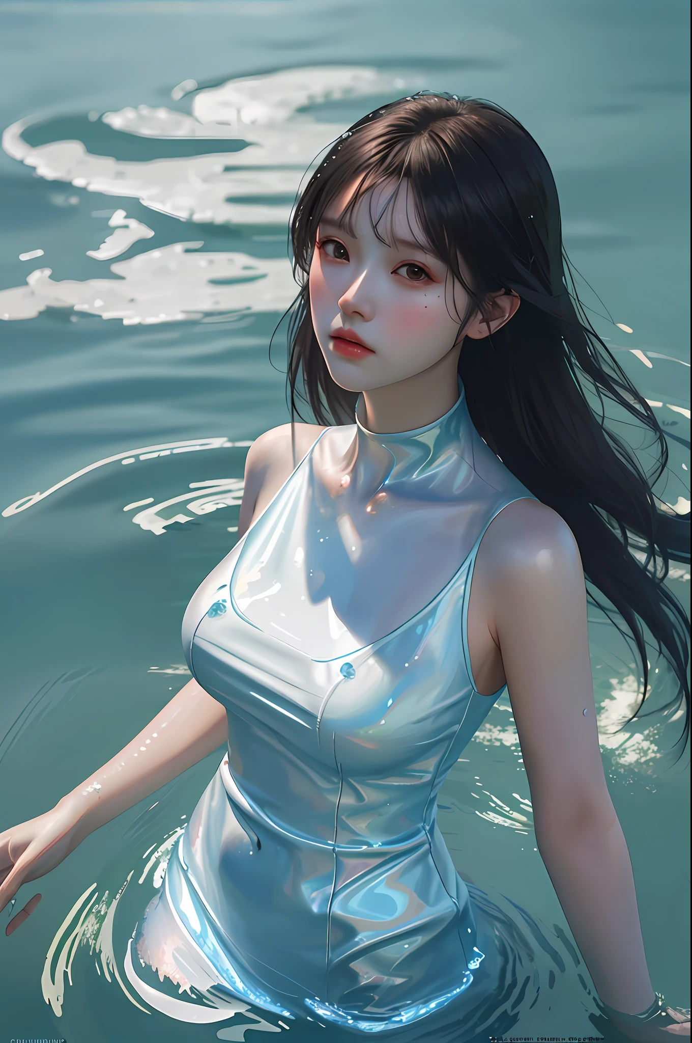 arafed woman with a very large breast standing in the water, a photorealistic painting inspired by Yanjun Cheng, trending on Artstation, digital art, soft portrait shot 8 k, yanjun chengt, wlop glossy skin, 8k artgerm bokeh, 8k portrait render, stunning anime face portrait, gorgeous face portrait