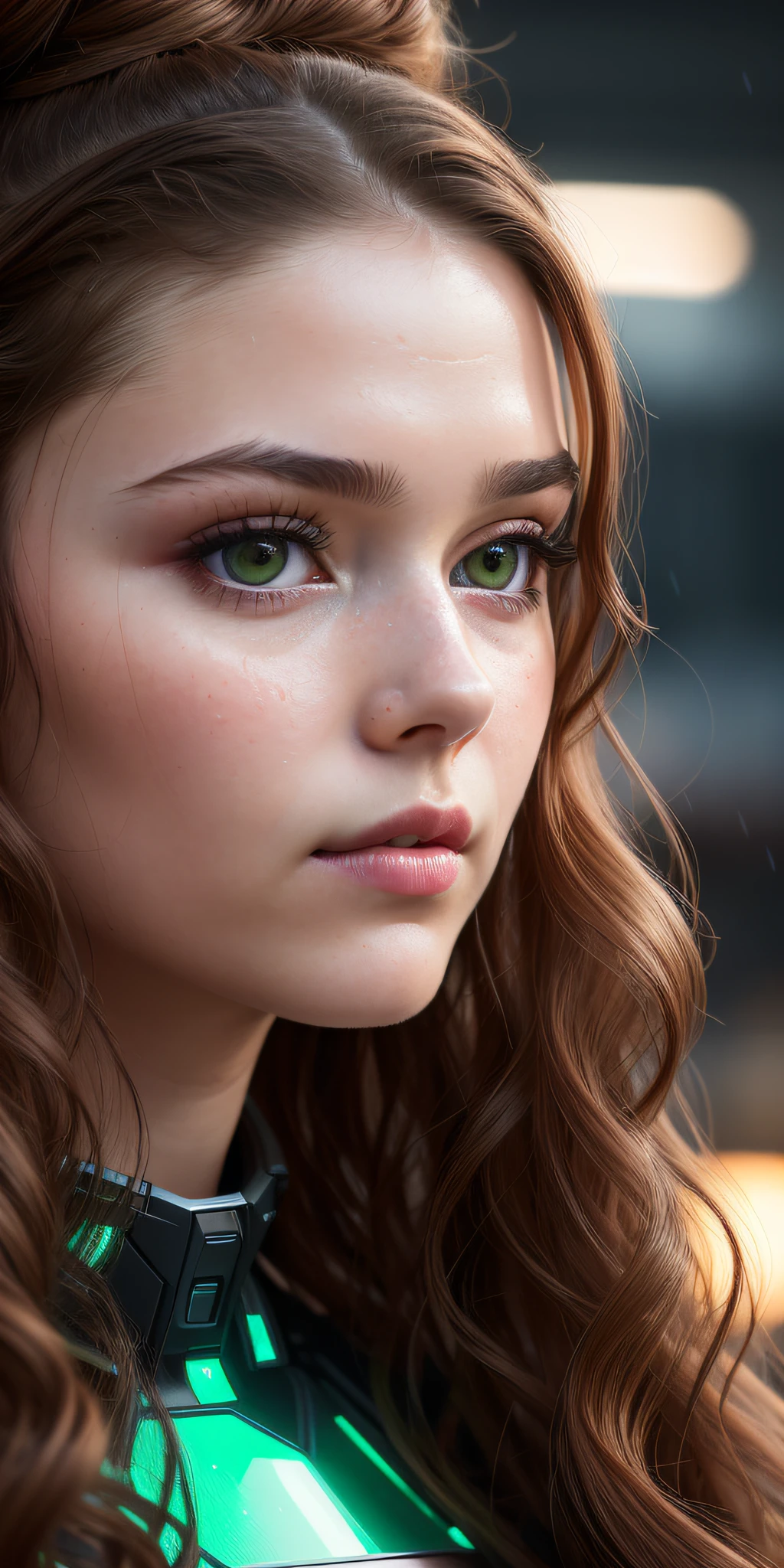 Full face portrait photo of 25 year old European girl, RAW, beautiful woman, half-open strawberry lips, dimples, longing gaze, green eyes, big pupils, big eyelashes, (very long wavy brown hair), ((detailed face)), ((detailed facial features)), (fine skin), pale skin, (tech cyberpunk dress with detailed deep cleavage), Cyberpunk megacity environment, (cold colors), wet, damp, reflection, (masterpiece) (perfect proportions) (realistic photos) (highest quality) (detail) shot with Canon EOS R5, 50mm lens, f/2.8, HDR, (wallpaper) (film lighting) (dramatic lighting) (sharp focus) (complex), (face close-up), (ponytail, 1 large bun),