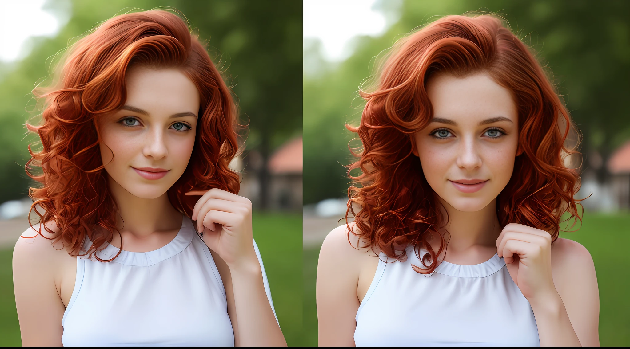 ((Realistic lighting, Best quality, 8K, Masterpiece: 1.3)), Clear focus: 1.2, 1girl, Perfect body beauty: 1.4, Slim abs: 1.1, ((Red hair, Milk: 1.3)), cowgirl pose, (Outdoor, daytime: 1.1), country street, super fine face, fine eyes, double eyelids, curly hair, fair skin