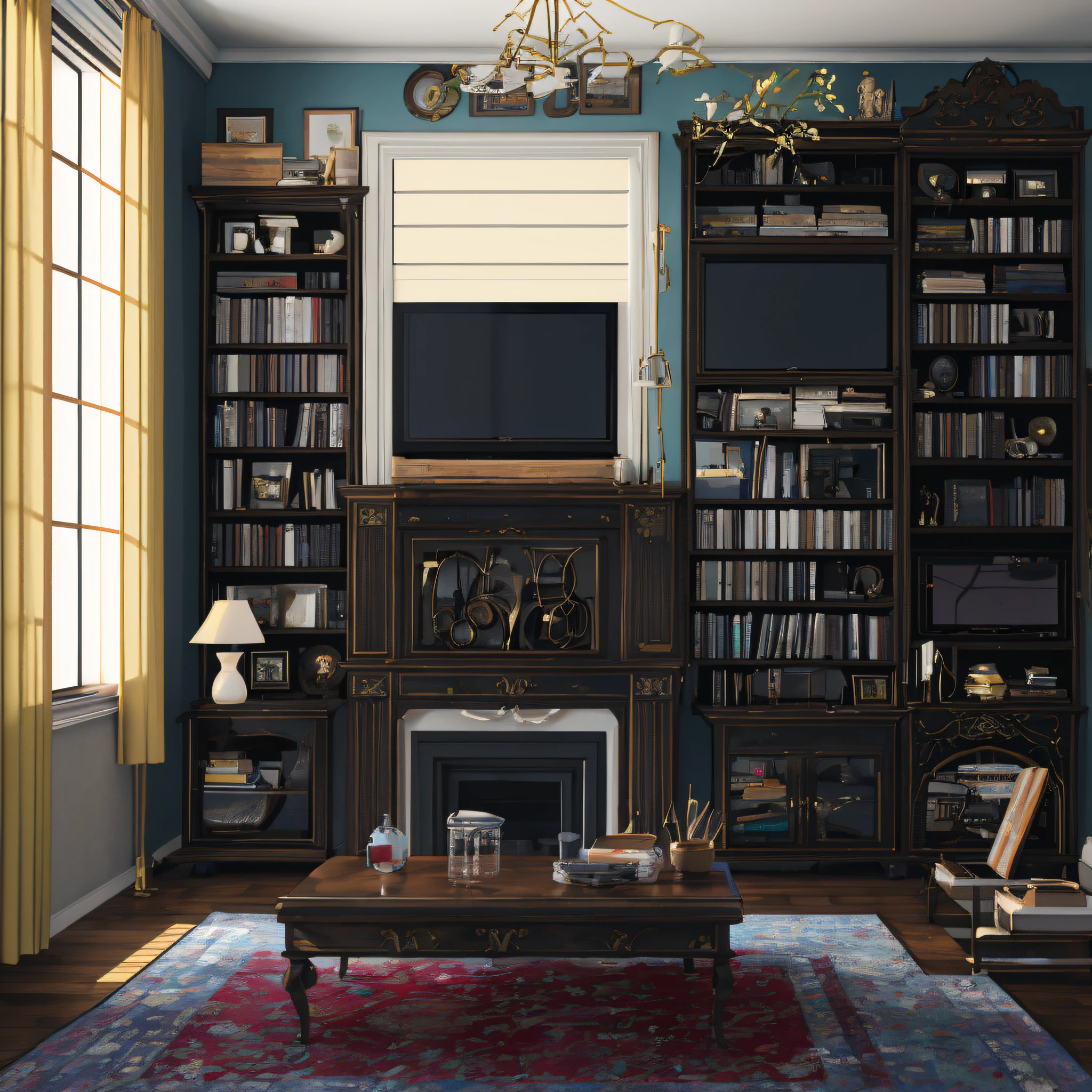 there is a living room with wall-to-wall TV stand, large ceiling-to-ceiling windows, light in the room, yellow, realistic morning outside light, detailed natural light, natural light in the room, rendering light, rendering in unreal engine 6, rendering in lumion pro, realistic physics rendering, rendering in corona, detailed rendering on archviz, rendering in v-ray, unreal rendering engine, render with vray