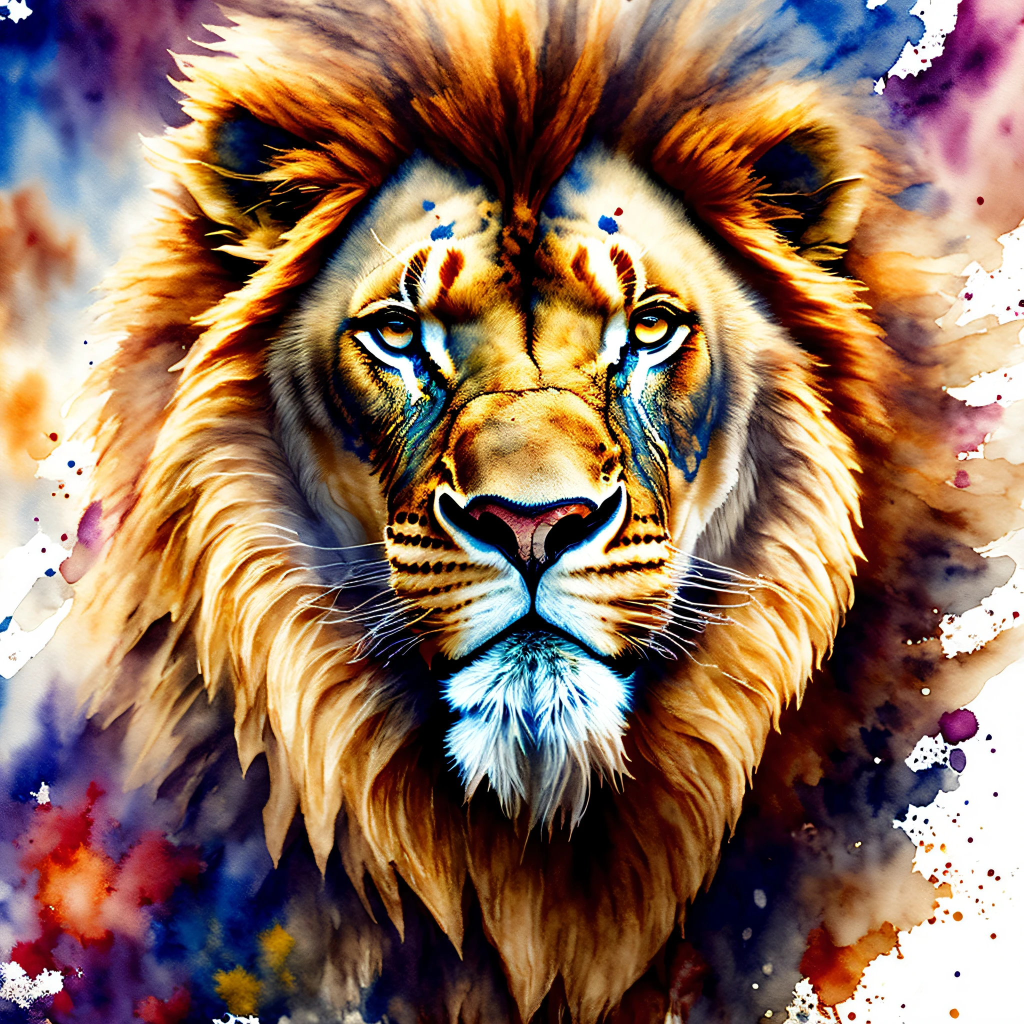(masterpiece, best quality:1.4), stunning watercolor painting, digital art of king of the lions, perfect beautiful face, (looking into camera:1.2), (blown by the wind:1.3), (centered:1.4), official art, beautiful, (watercolor:1.1), paint splatter, intricate details. great detail, (dripping:0.7), trending on Artstation, style of Rachel Walker