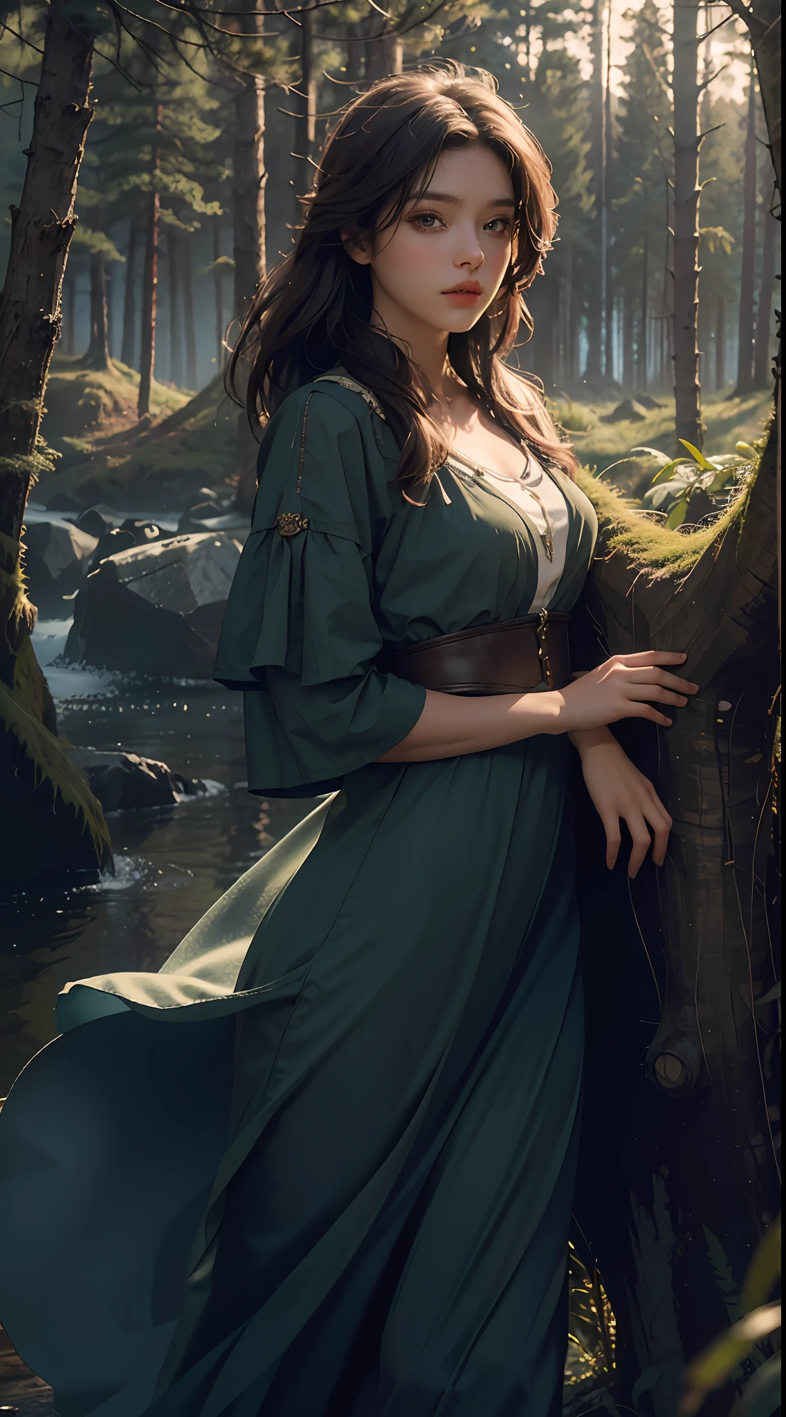 Best Quality, Masterpiece, Ultra High Resolution, (Photorealistic: 1.4), Original Photo, 1Girl, Dress, Cinematic Lighting, (Wilderness Escape: 1)