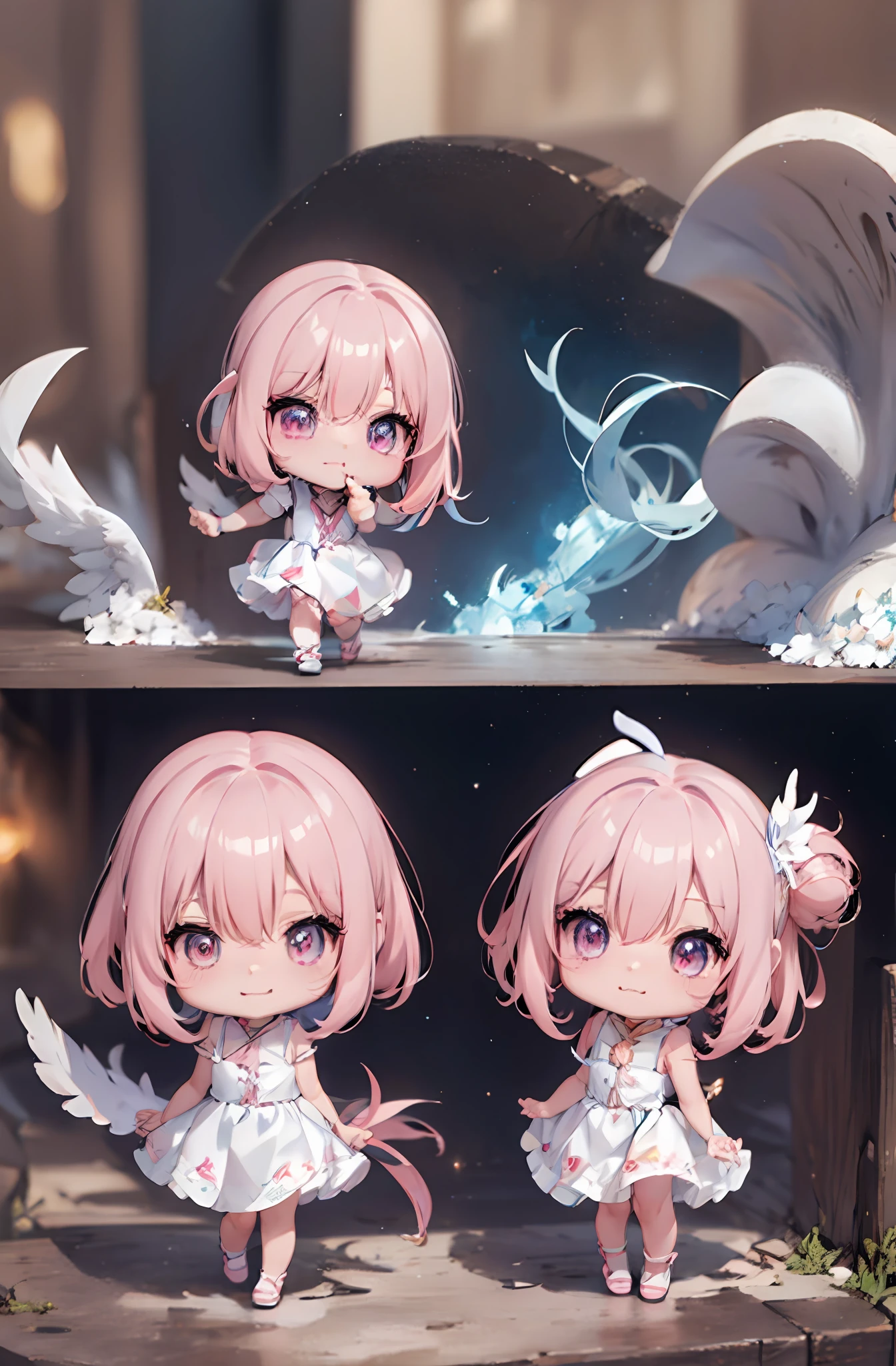 1 anime angel doll, (Chibi: 1.2), 8K high quality detail art, white feathers on the back, pink hair, gradient, twinkle, style as Nendoroid, stylized anime, anime style 4K, cute detailed digital art, Guweiz style artwork, 8K octar rendering photos, advanced digital chibi art, Cute 3d render, anime style, light, glow