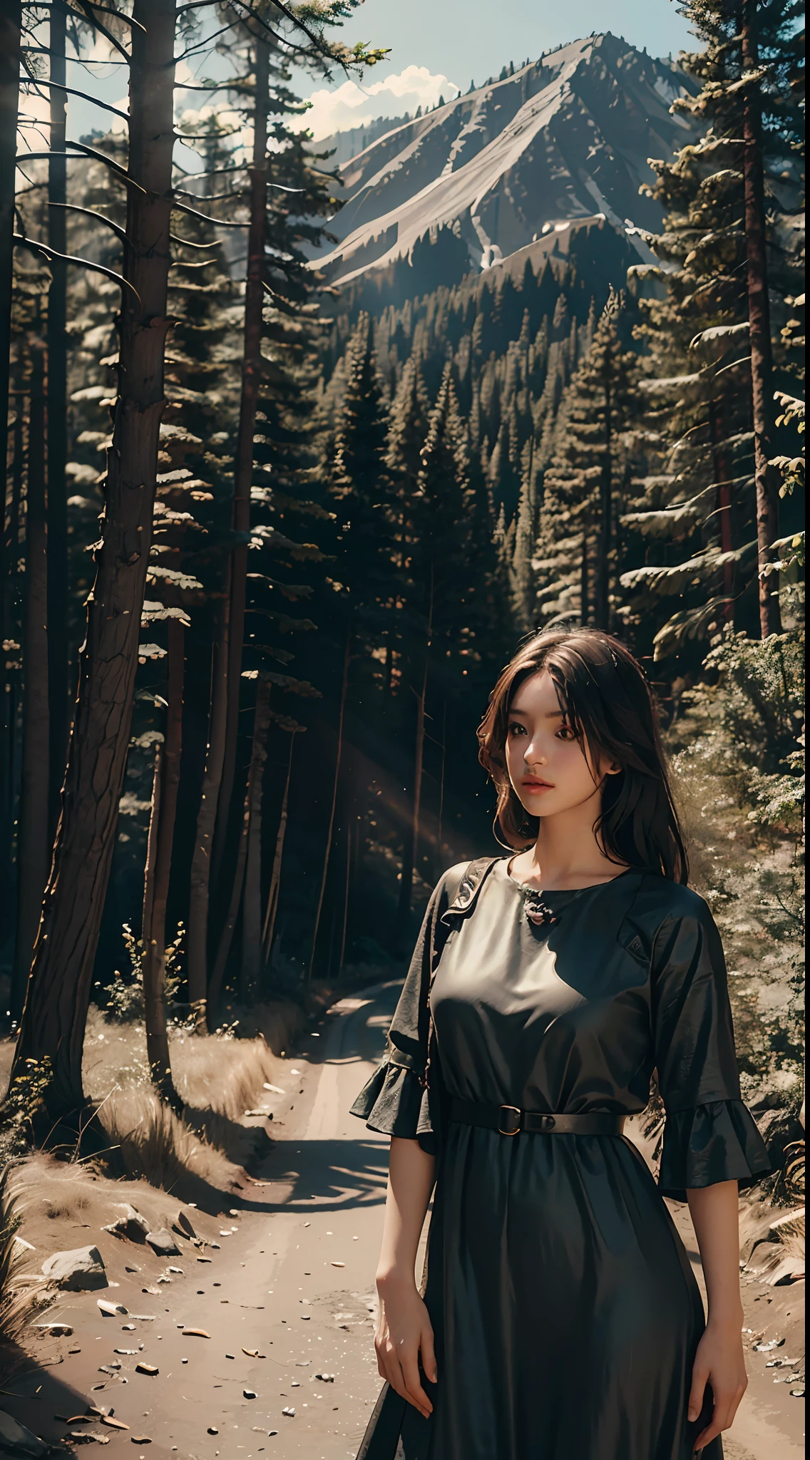 Best Quality, Masterpiece, Ultra High Resolution, (Photorealistic: 1.4), Original Photo, 1Girl, Dress, Cinematic Lighting, (Wilderness Escape: 1)