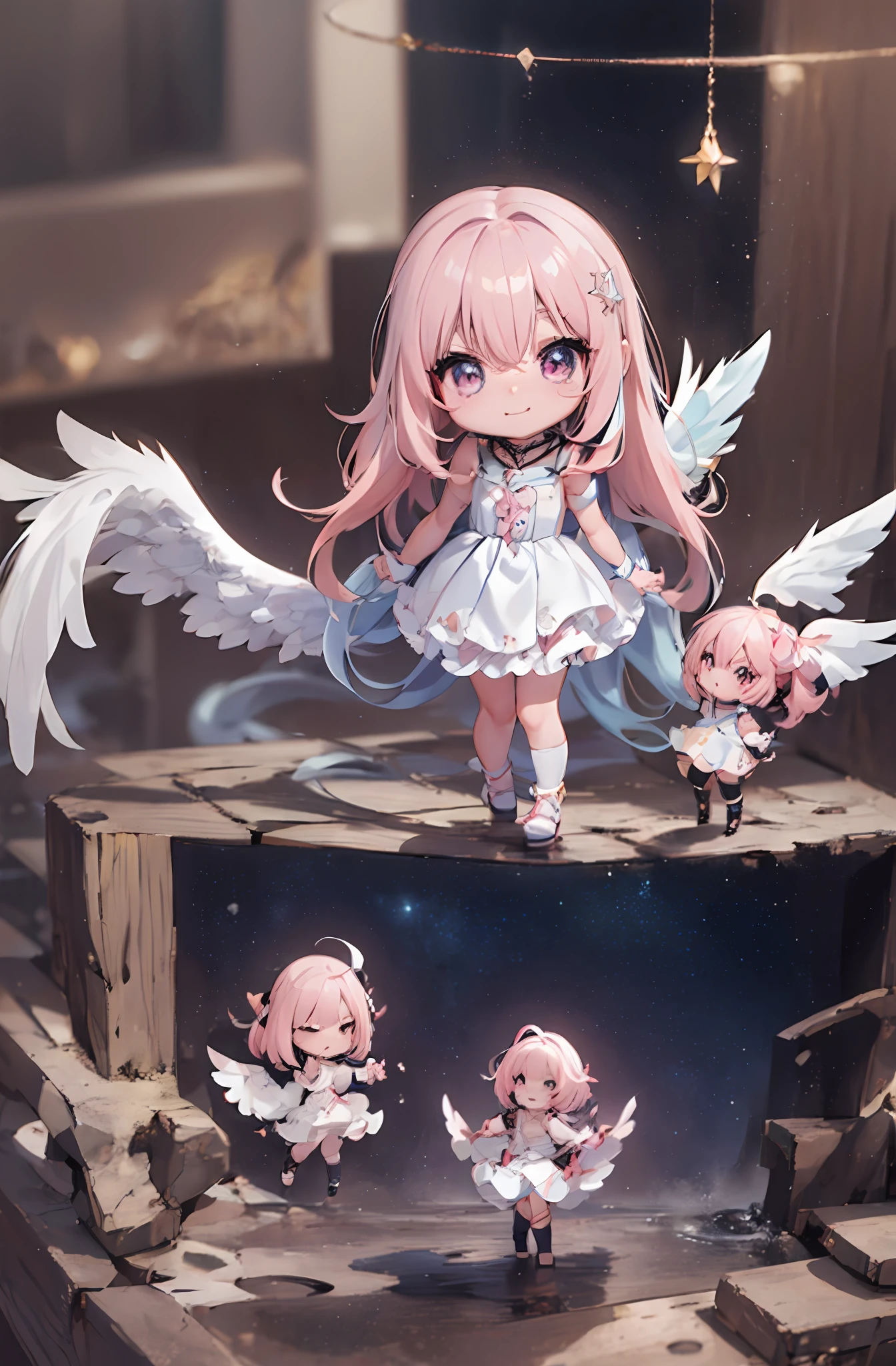 1 anime angel doll, (Chibi: 1.2), 8K high quality detail art, white feathers on the back, pink hair, gradient, twinkle, style as Nendoroid, stylized anime, anime style 4K, cute detailed digital art, Guweiz style artwork, 8K octar rendering photos, advanced digital chibi art, Cute 3d render, anime style, light, glow