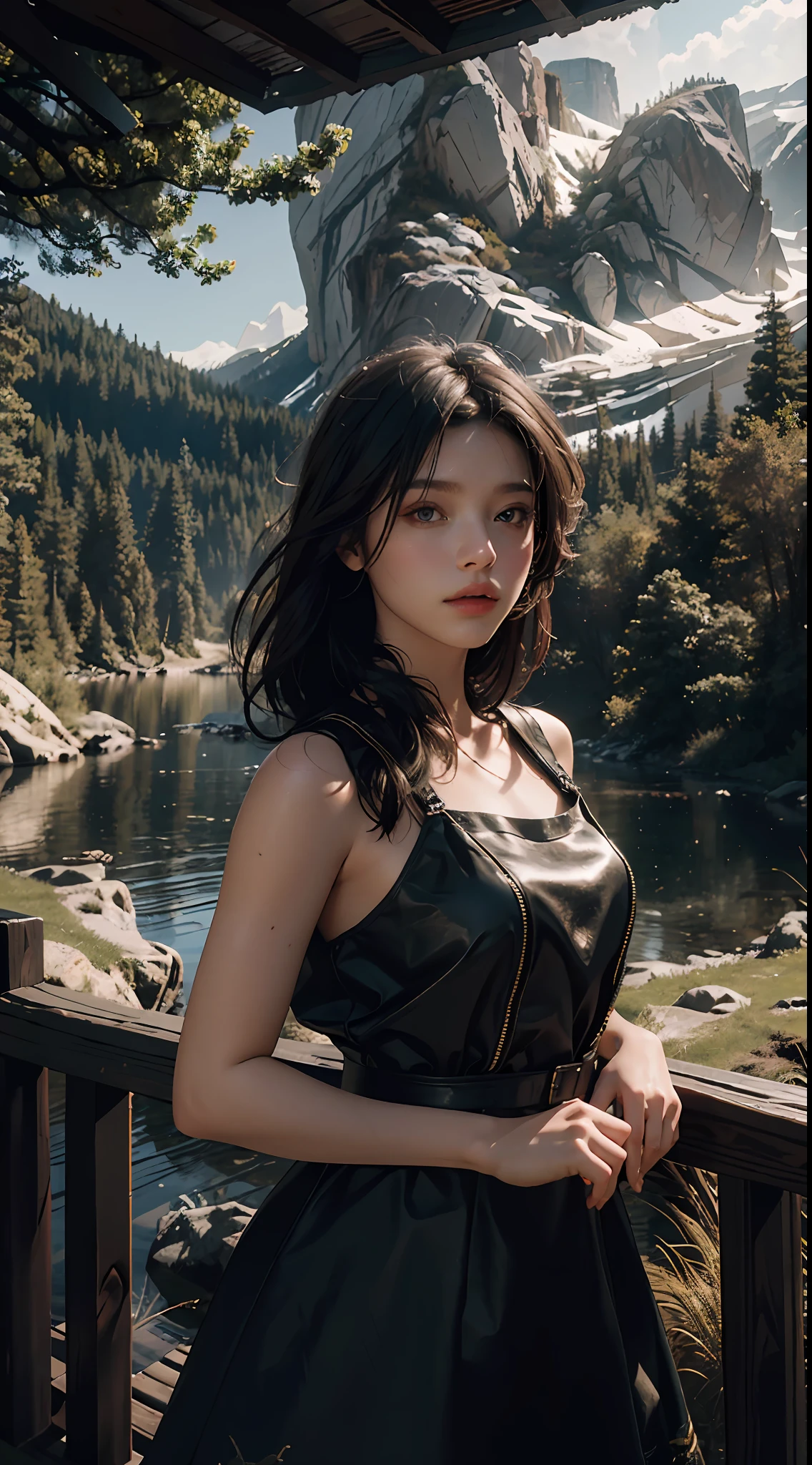 Best Quality, Masterpiece, Ultra High Resolution, (Photorealistic: 1.4), Original Photo, 1Girl, Dress, Cinematic Lighting, (Wilderness Escape: 1)