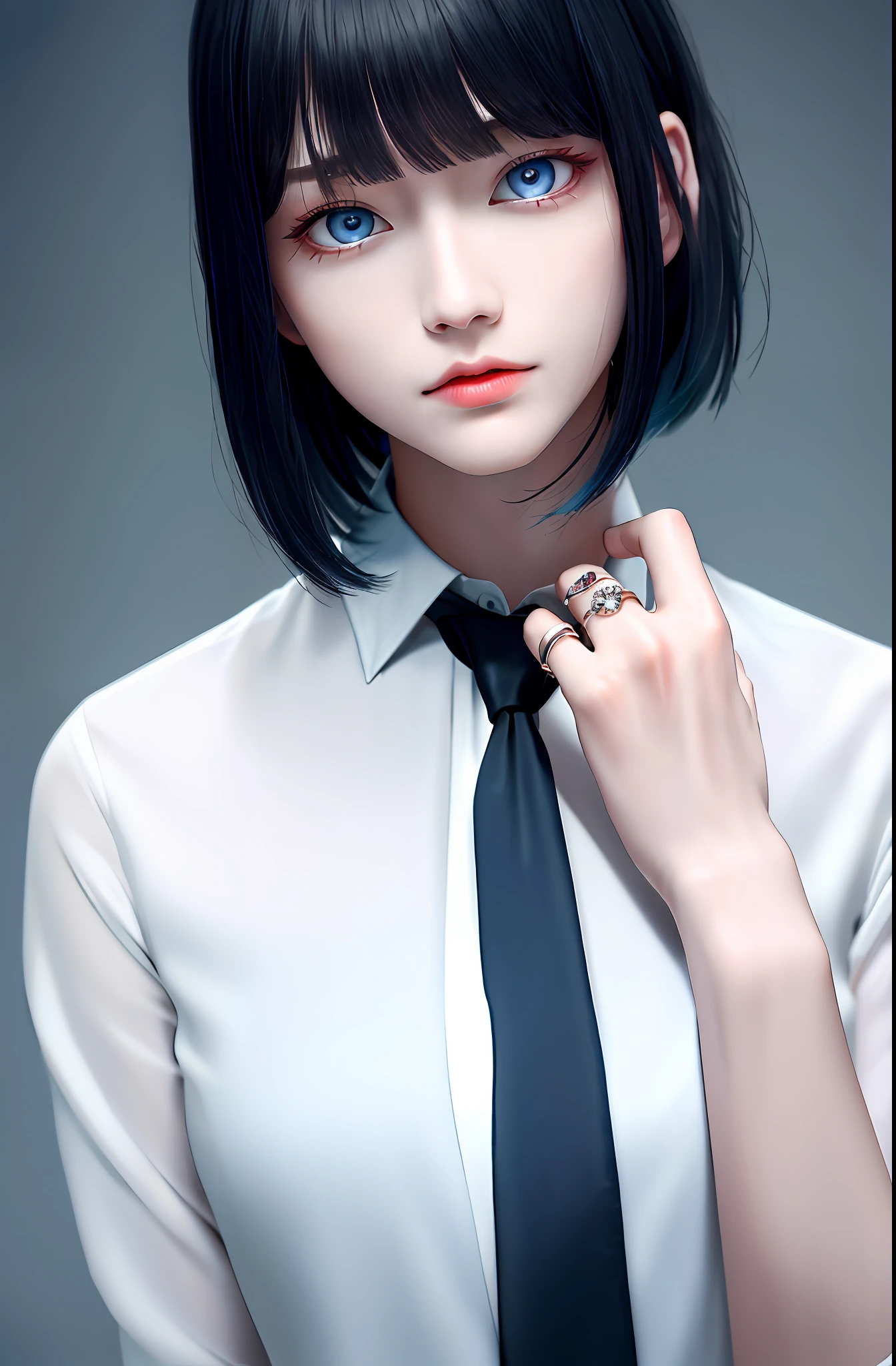 Masterpiece, (Photorealistic: 1.4), Top Quality, Beautiful Lighting, (ulzzang-6500:0.5), Makima \(Chainsaw Man\), (Bob Hair) + (Black Hair) + (Bangs), Blue Eyes, Blue Eyes, (((Ring Eyes)), (White Shirt), (Tie), RAW Photography, 8k UHD, Film Grain