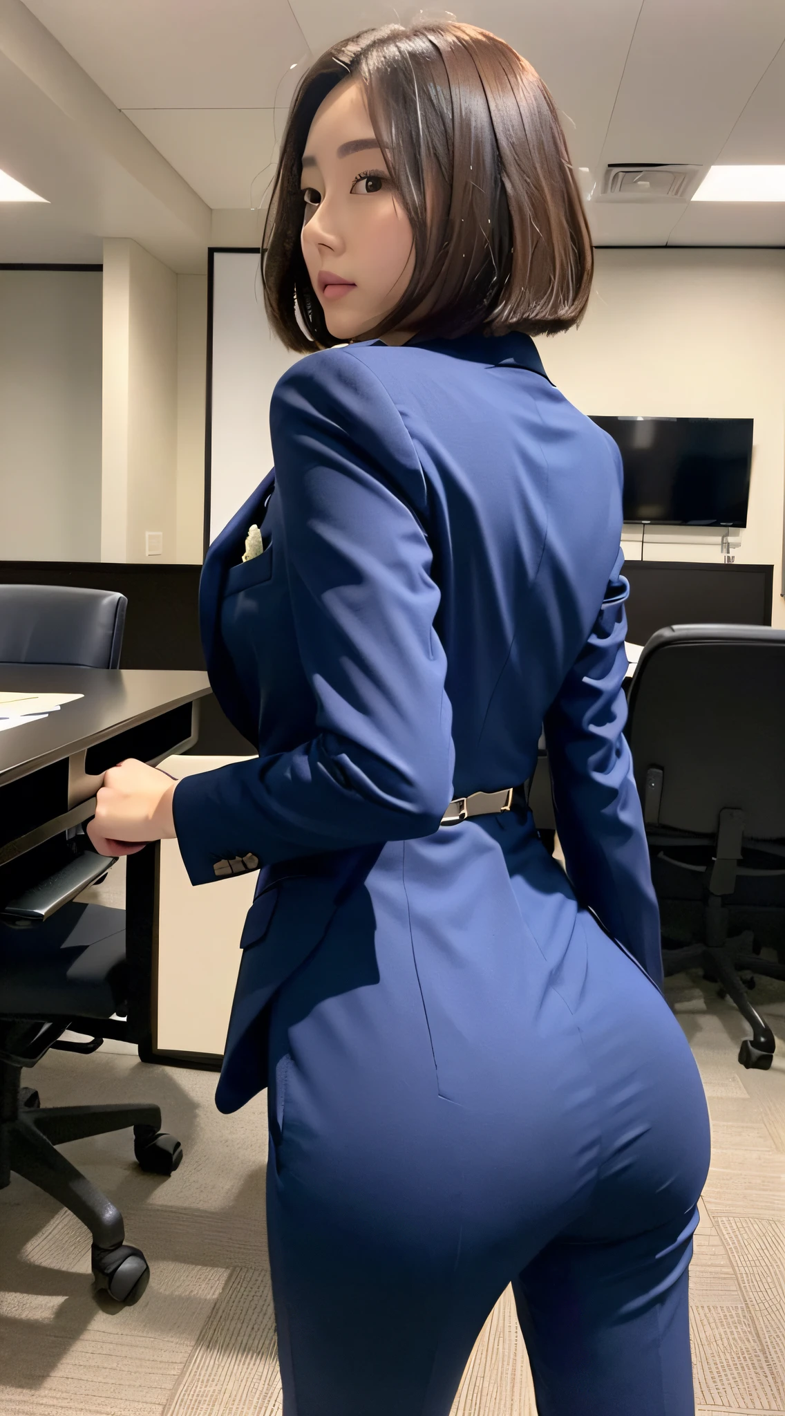 (Best Quality, 8k, 32k, Masterpiece, UHD: 1.2), 1 Girl, Beautiful Japan Woman, Navy Suit, Open Jacket, OL, Suit, Pants, From Back, Conference Room, (Protruding Butt: 1.5), Detailed Face, Short Hair, Watch Viewer, Thin Waist, Mid Butt