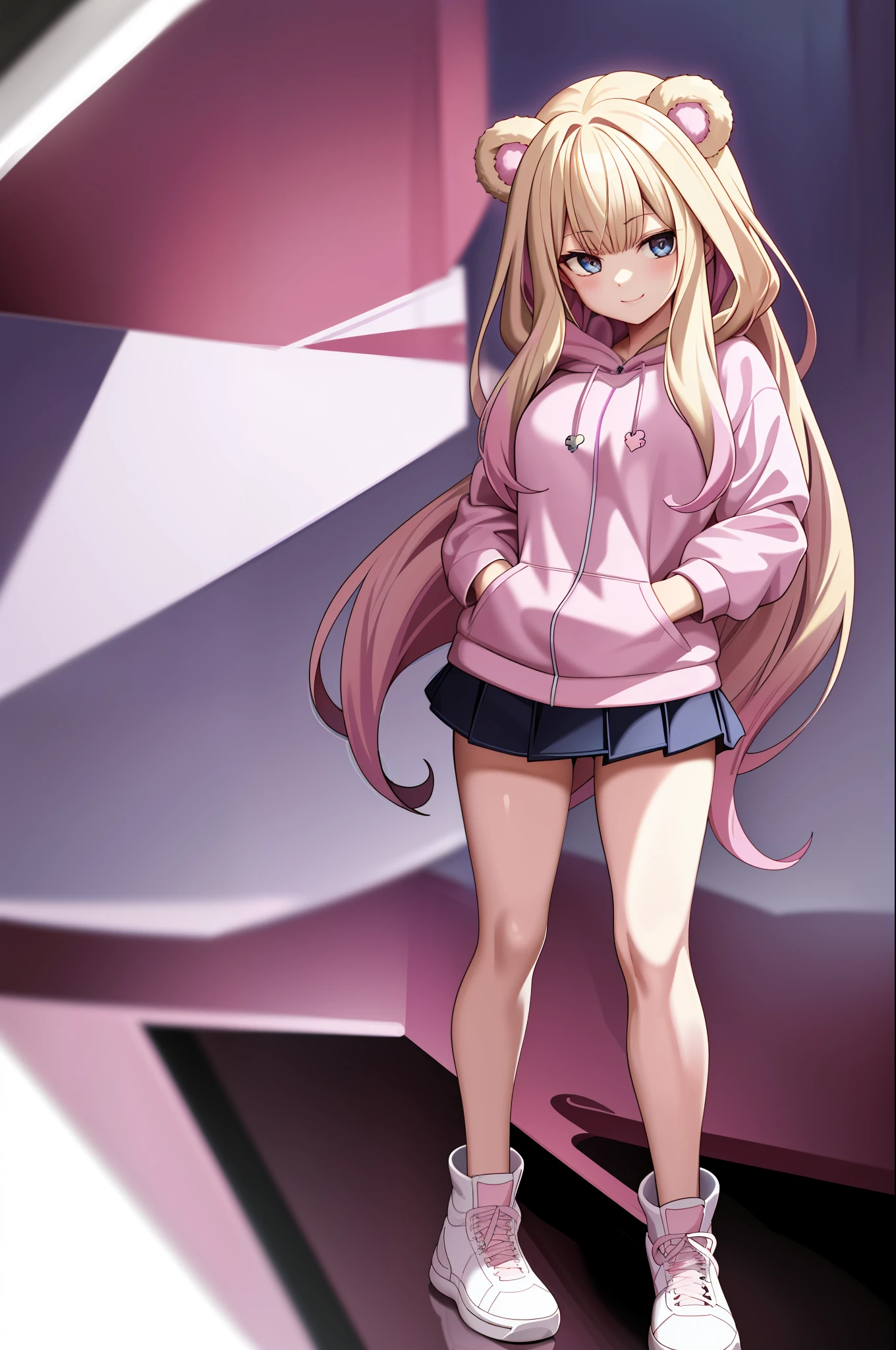 2d, masterpiece, best quality, anime, highly detailed face, highly detailed eyes, highly detailed background, perfect lighting, full body, 1girl, solo, pink bear hoodie, blonde hair, blue eyes, long hair, pink hoodie, miniskirt, standing, dynamic pose, smile, white background,