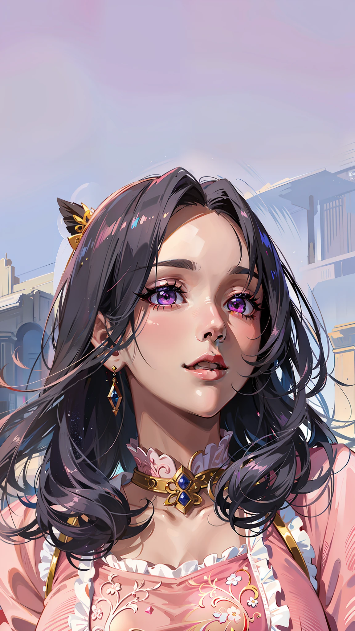 (masterpiece),(best quality:1.0), (ultra highres:1.0), detailed illustration, 8k, anime, 1girl, beautiful anime girl, wearing a pink dress, earrings , intricate details, black eyes, detailed eyes, pink eyeshadow, black hair, detailed hair detailed, highlights on hair, smiling, matte lipstick, perfect lips, anime style, best quality, detailed