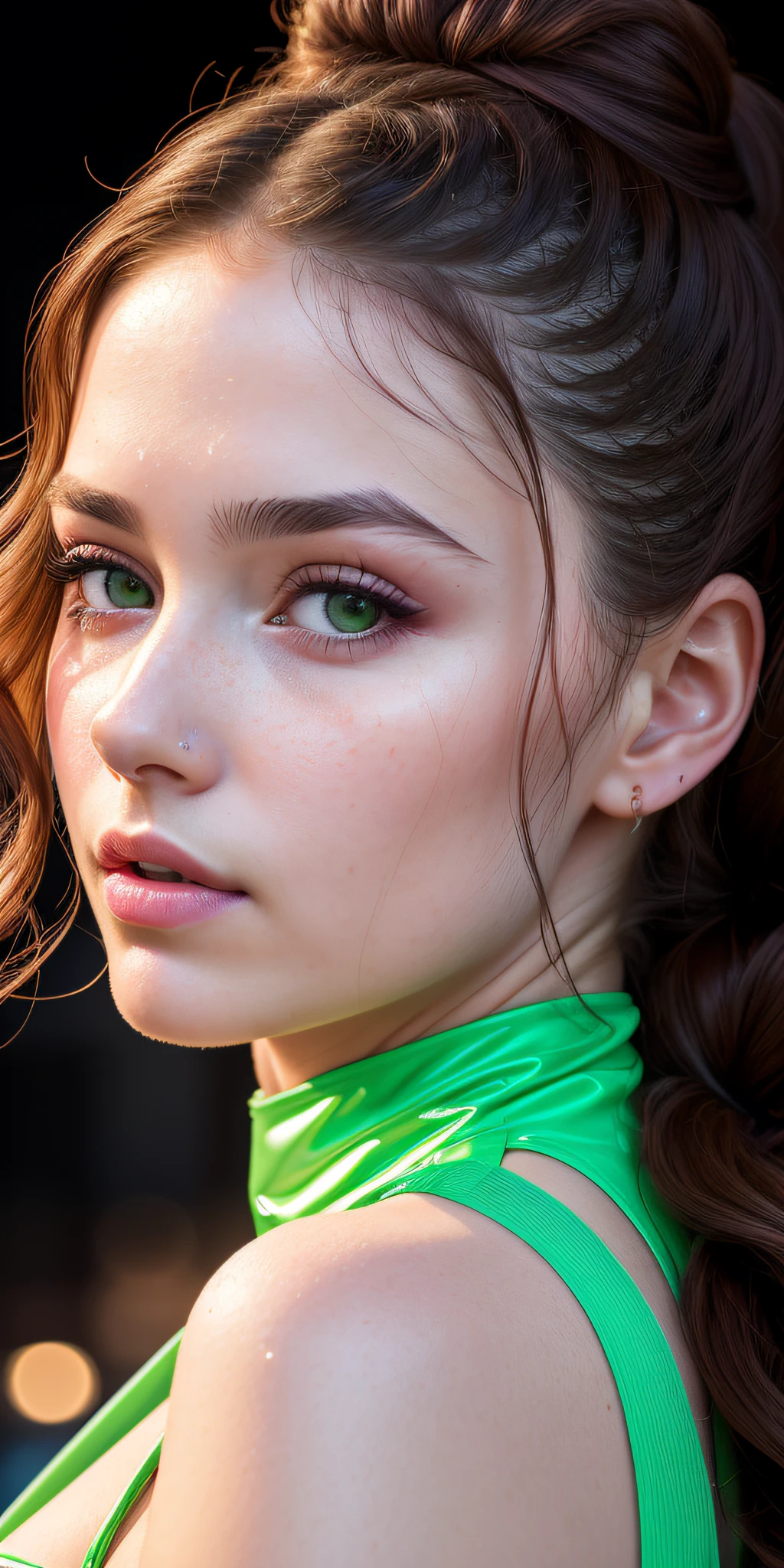 Full face portrait photo of 25 year old European girl, RAW, beautiful woman, half-open strawberry lips, dimples, longing gaze, green eyes, big pupils, big eyelashes, (very long wavy brown hair), ((detailed face)), ((detailed facial features)), (fine skin), pale skin, (tech cyberpunk dress with detailed deep cleavage), Cyberpunk megacity environment, (cold colors), wet, damp, reflection, (masterpiece) (perfect proportions) (realistic photos) (highest quality) (detail) shot with Canon EOS R5, 50mm lens, f/2.8, HDR, (wallpaper) (film lighting) (dramatic lighting) (sharp focus) (complex), (face close-up), (ponytail, 1 large bun),