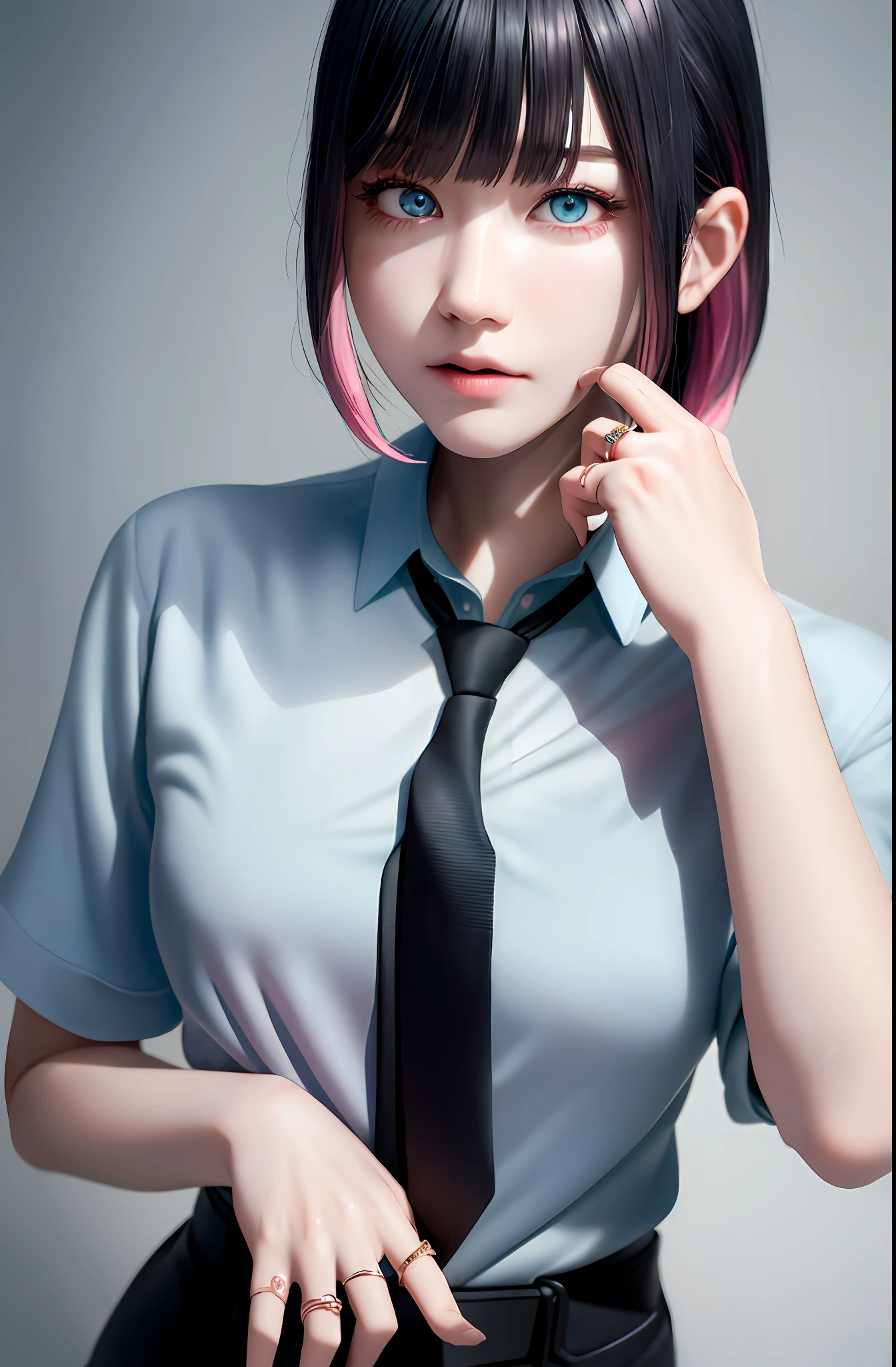 Masterpiece, (Photorealistic: 1.4), Top Quality, Beautiful Lighting, (ulzzang-6500:0.5), Makima \(Chainsaw Man\), (Bob Hair) + (Black Hair) + (Bangs), Blue Eyes, Blue Eyes, (((Ring Eyes)), (Pink Shirt), (Tie), RAW Photography, 8k UHD, Film Grain