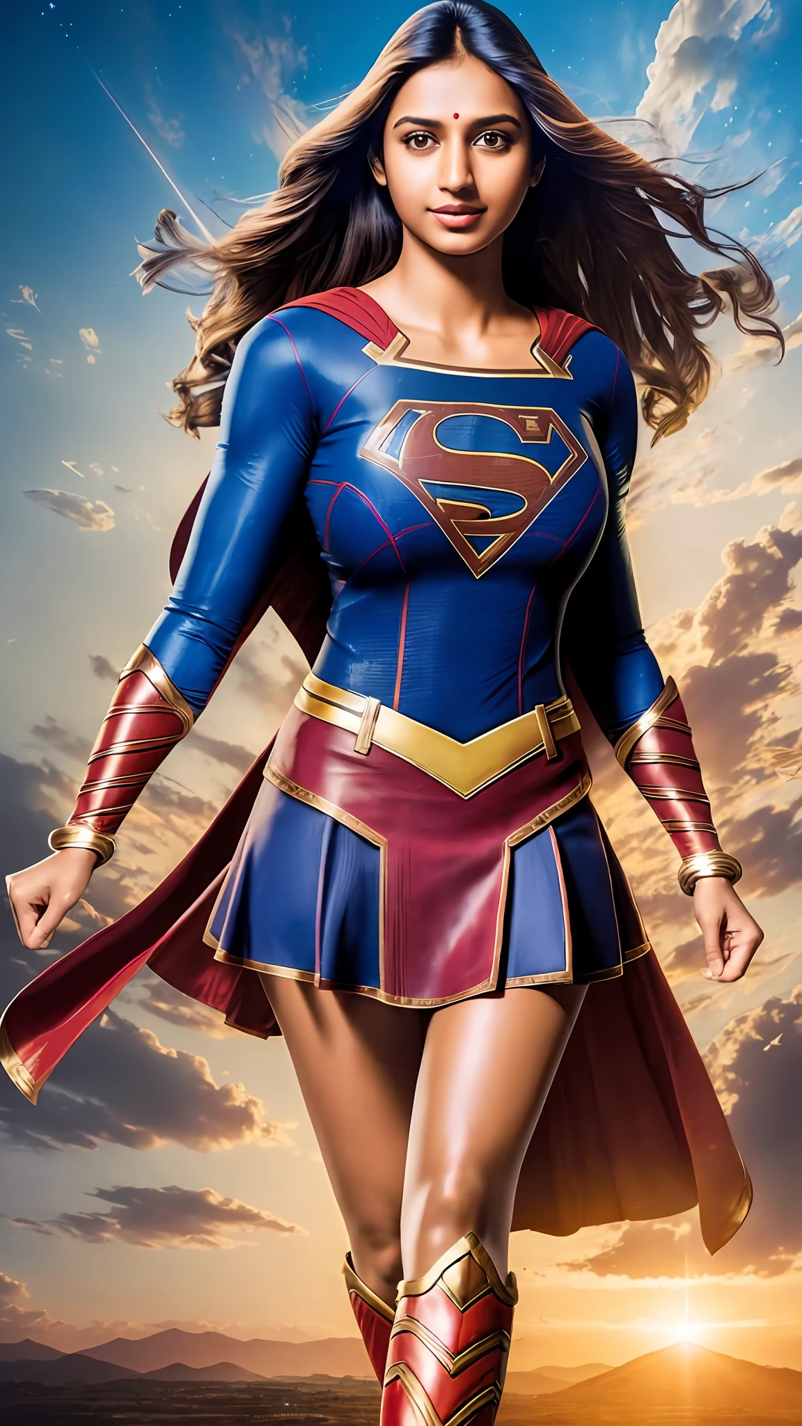 (masterpiece), best quality, ultra-detailed,  high-resolution, (indian girl),(supergirl costume dress)+(big breasts:1.1), half-body, beautiful face,(glowing skin🔥:1.2+extremely detailed skin)+[ warm lighting and vibrant colors🌟:0.9 ], dynamic pose,bright eyes.