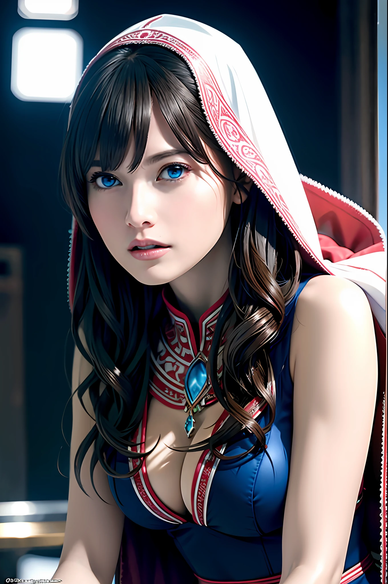 Ultra-detailed complex 3D rendering of face, (Colossal breasts: 8.8), (Skindent: 2.5), (Masterpiece, top quality, octane rendering, 8K), glamour shot full body image, very beautiful young elf, cleavage, (highly detailed skin: 1.2), (exposure: 1.1), beautiful Caucasian woman with full soft breasts and white skin with big ass, one, red micro bikini, Long braided gray hair, big breasts, dynamic angle, mystical expression, wearing intricate super armor of gold and blue, ultra-realistic photos ((((portrait))), wearing intricate pink cape, bare feet, futuristic city background, facial muscles, in the style of Marvel Comics, ArtStation trends, clear focus, studio photography, intricate details, highly detailed, detailed blue eyes, illustration, very detailed, sharp focus, digital rendering, professional, abs