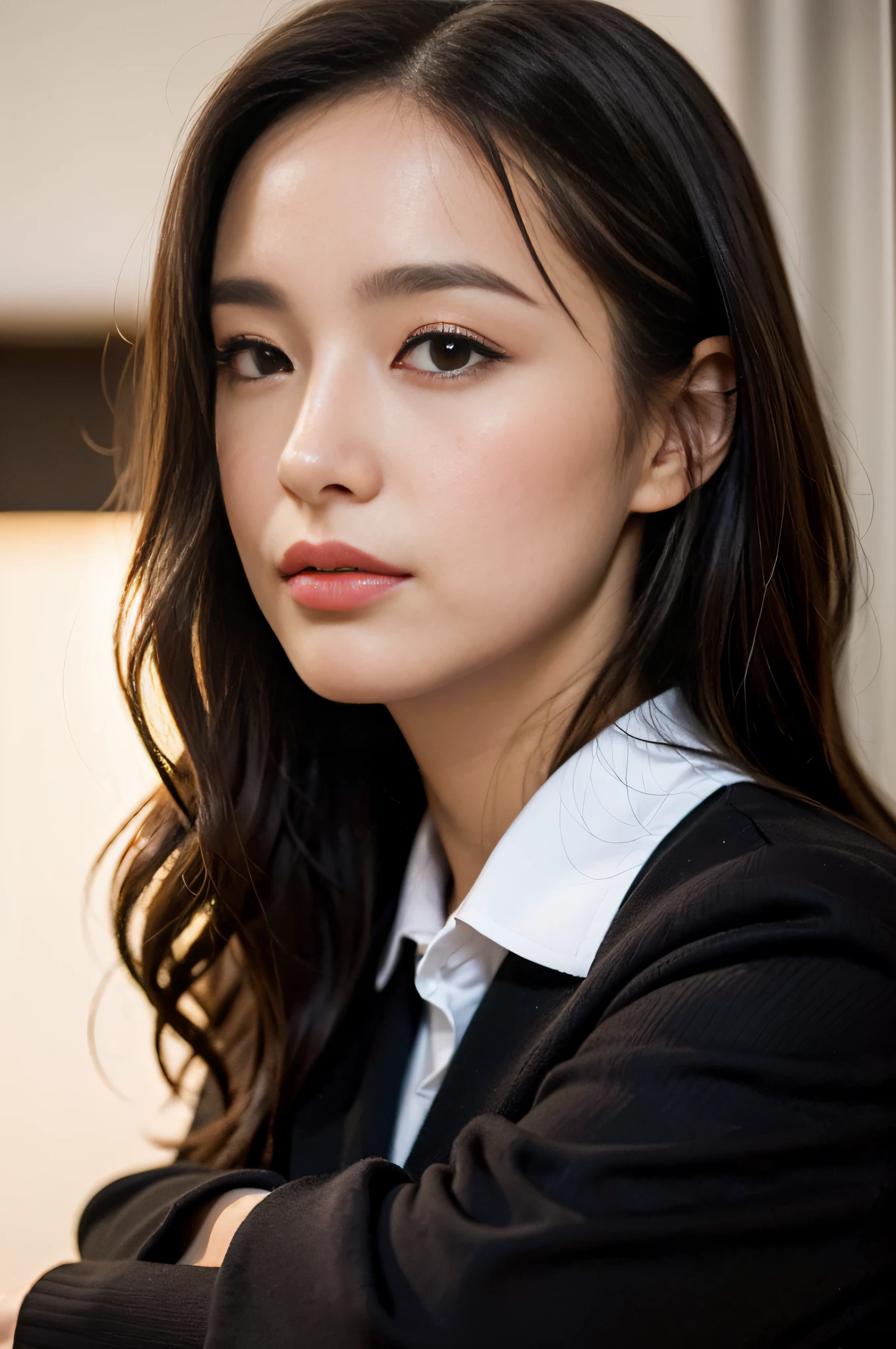 A woman, brown wavy long hair, gentle, (melon face: 1.3), (royal sister: 1.3), best picture quality, (masterpiece: 1.3), (super high resolution: 1.2), (blazer, suit skirt, black stockings: 1.6), (black eyes: 1.2), (exotic: 1.4), (young: 1.3), (Detailed face close-up: 1.5), (Realistic skin texture: 1.3), (Realistic: 1.4), (Realistic physical rendering: 1.5), (Realistic light and shadow effects: 1.4), (Office interior: 1.4), (Central European beauty: 1.7)