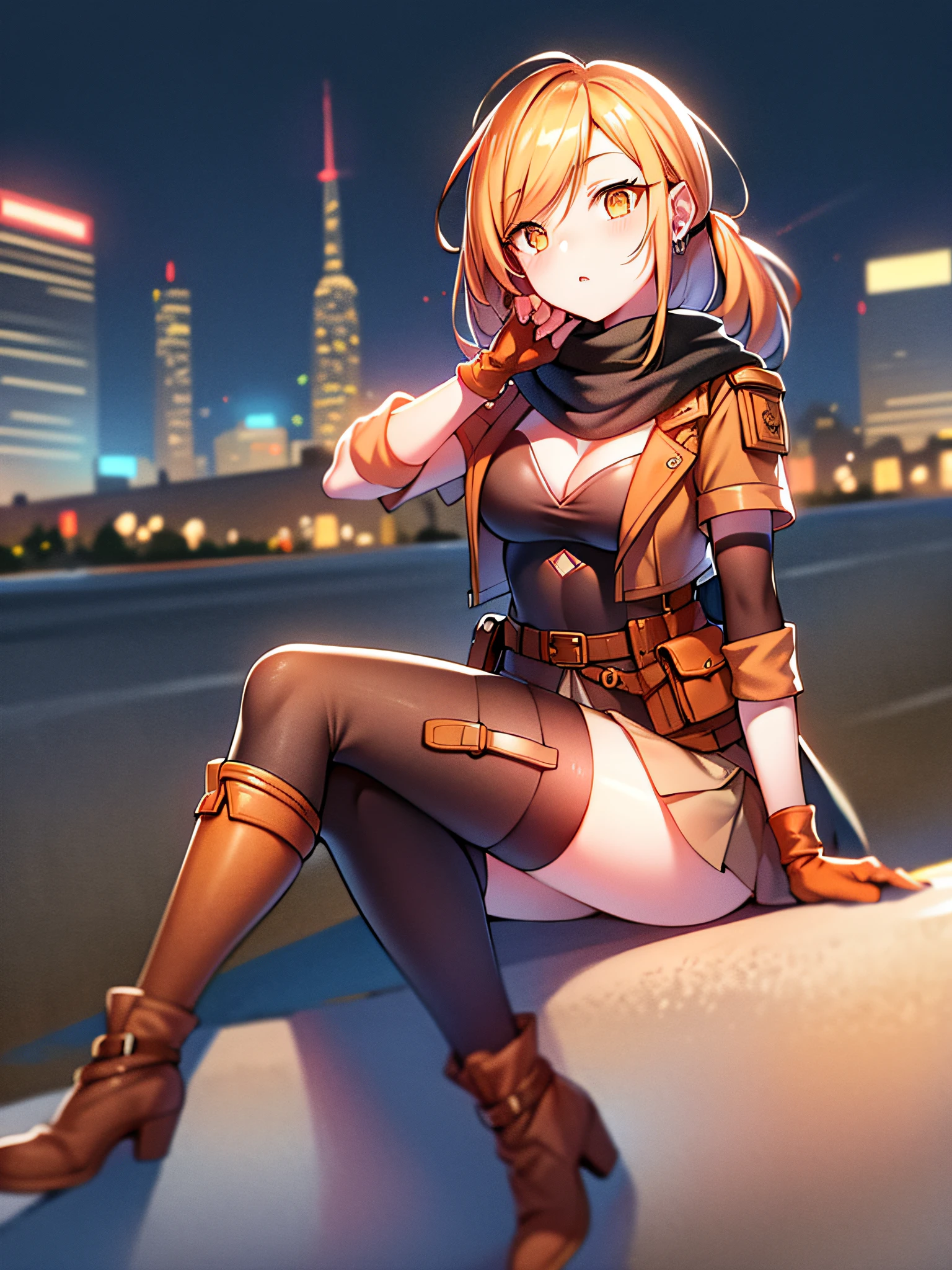 orange eyes light,richly faded light orange hair, anime 1girl, no  skirt, brown military boots, pouch on the waist belt, khaki bikini, "black tights", "dark_orange knee pad on right leg",( night city:1.4), black long cloak, (good hand:1.5 ) good legs, (Good face: 1.5), 1girl, best hand, no worst hand. without clothes, in big city