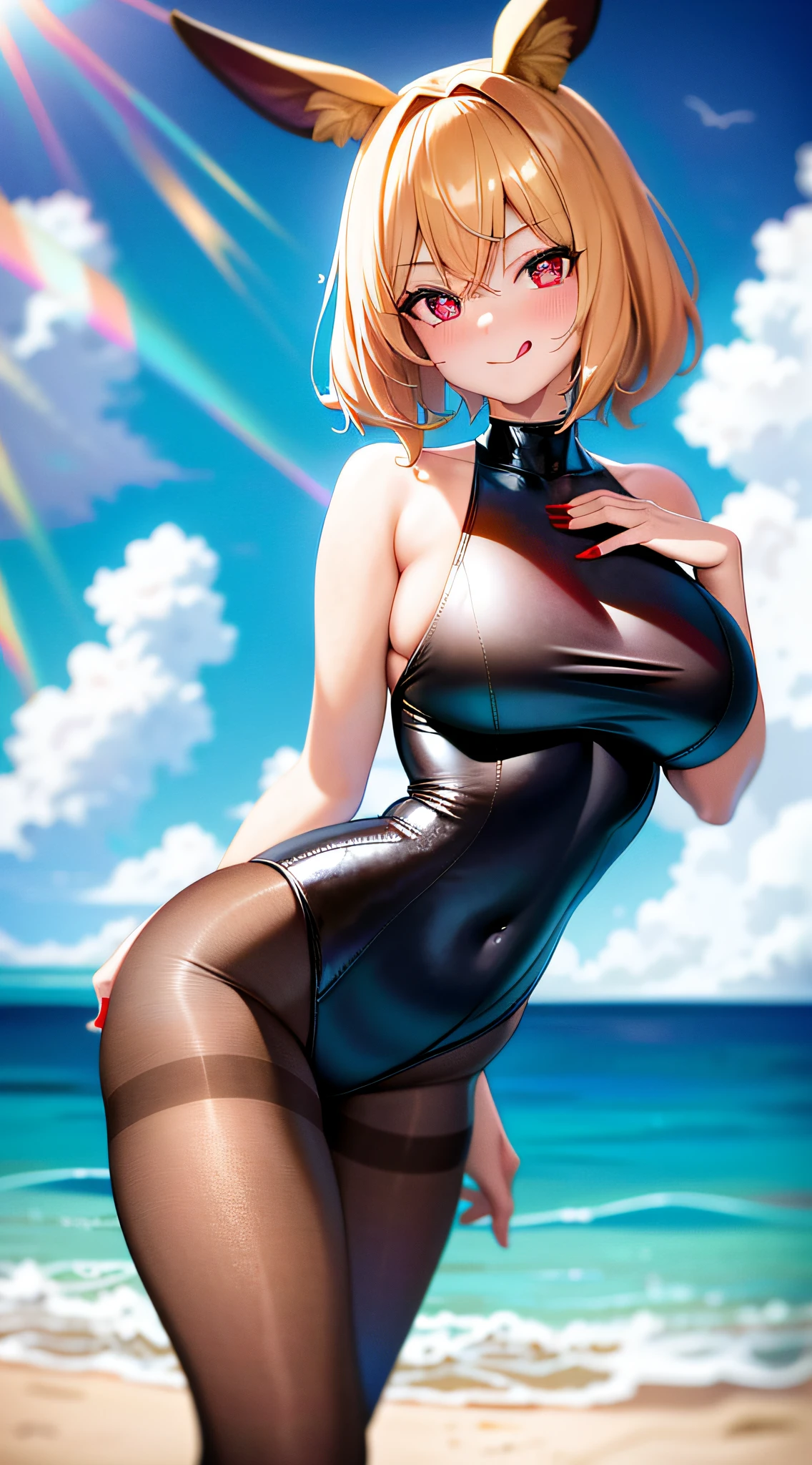 absurdres, 1girl, ocean, railing, smile, (realistic:0.75), (waving:0.9), (black three-point swimsuit), black silk pantyhose, big breasts girl, animal ears, blonde hair, red pupils, high quality, perfect light and shadow, hand details, nudity, blushing, sticking out tongue, pampering