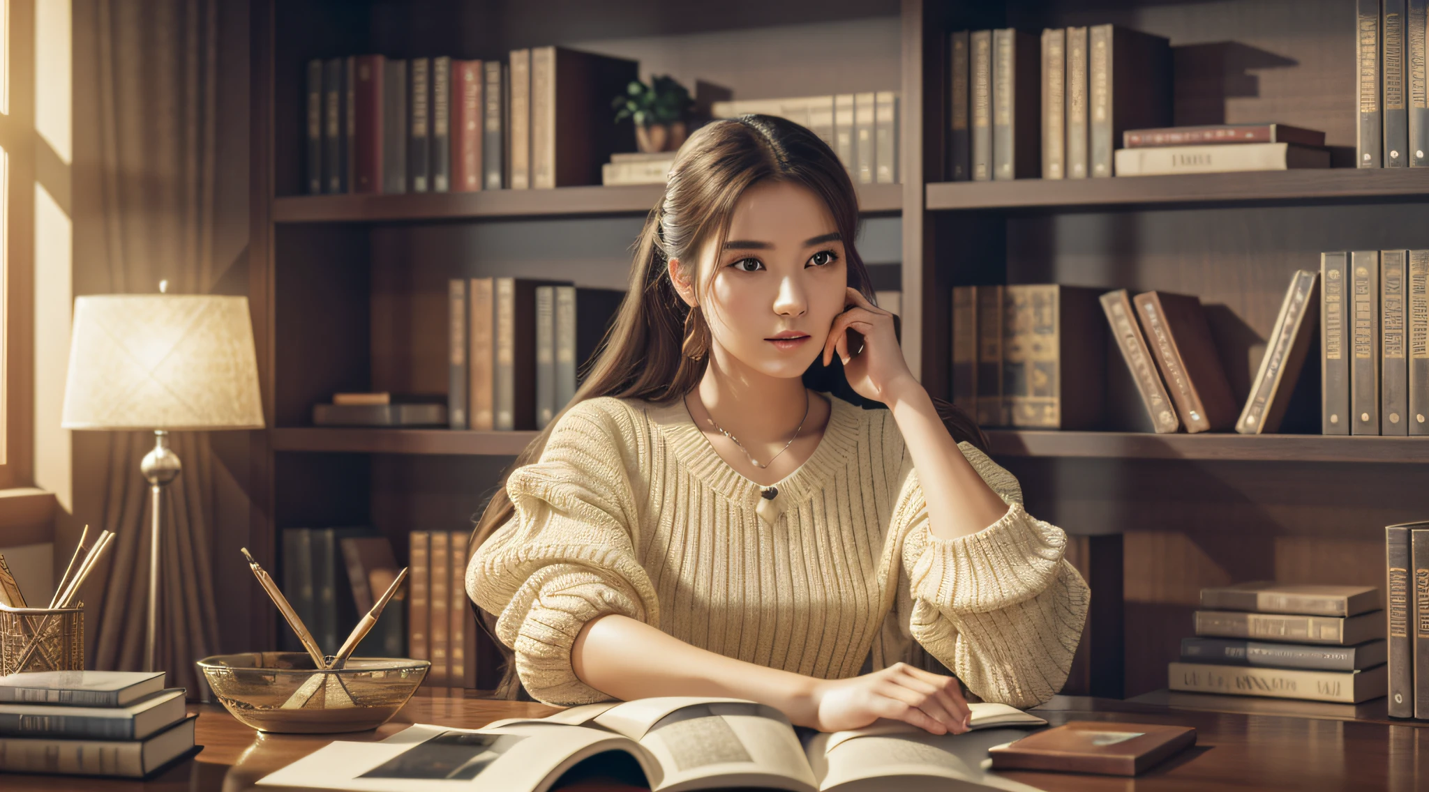 A young woman sitting at a desk with a bookcase in the background, warm atmosphere, cultural atmosphere, (masterpiece) (perfect proportions) (photorealistic) (best quality) (detailed) (8k) (HDR) (wallpaper) (cinematic lighting) (sharp) (intricate) --auto --s2