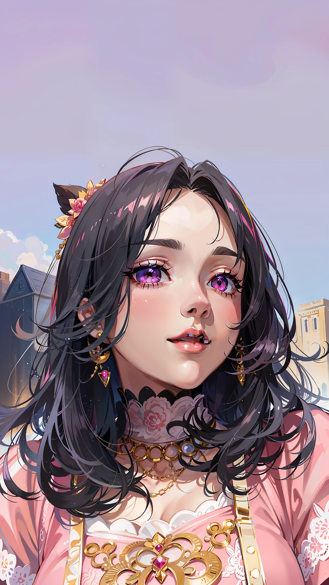 (masterpiece),(best quality:1.0), (ultra highres:1.0), detailed illustration, 8k, anime, 1girl, beautiful anime girl, wearing a pink dress, earrings , intricate details, black eyes, detailed eyes, pink eyeshadow, black hair, detailed hair detailed, highlights on hair, smiling, matte lipstick, perfect lips, anime style, best quality, detailed