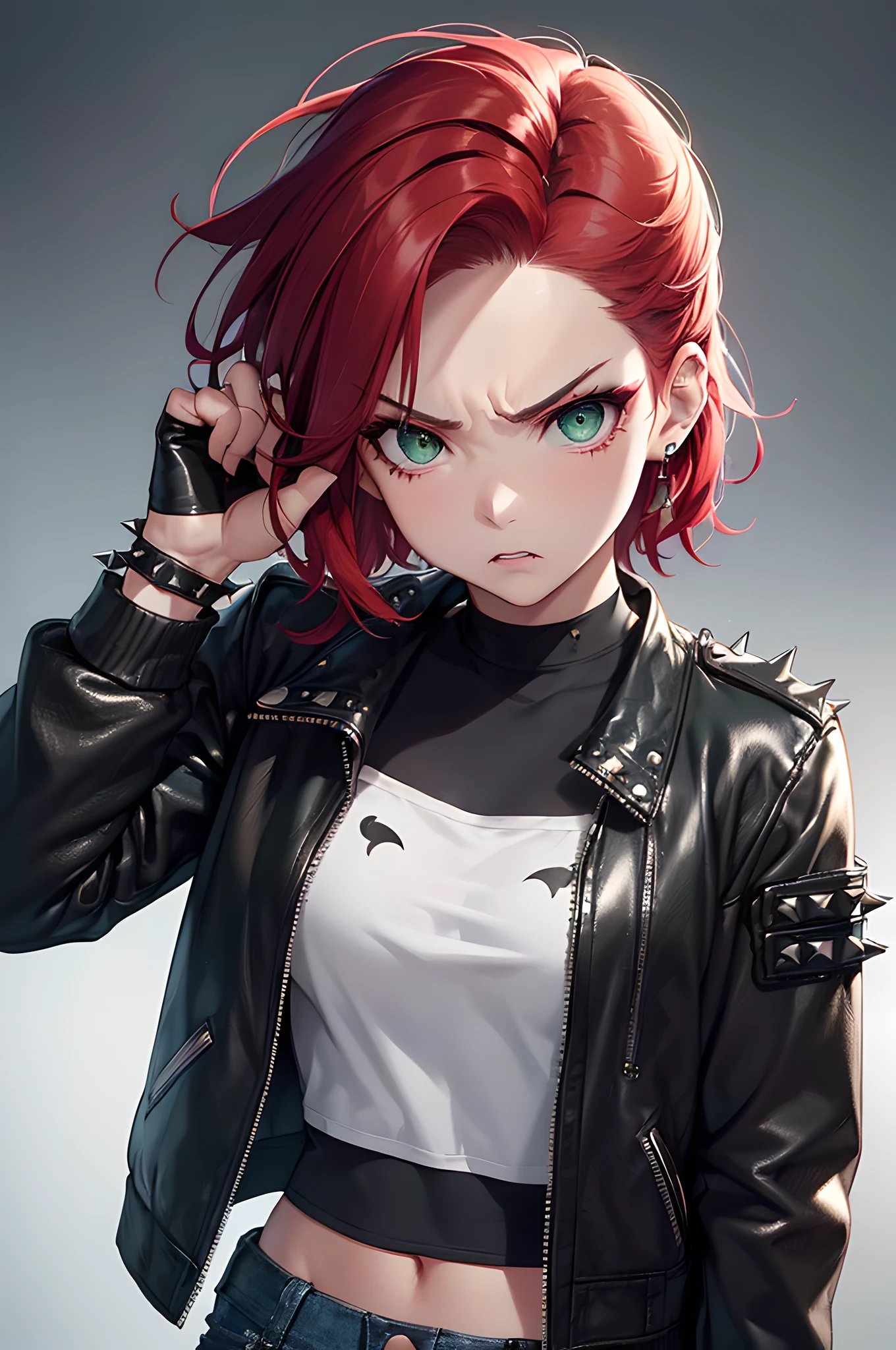 (masterpiece), (portrait), (aesthetic), (beautiful), (upper blody), (high quality), (aesthetic clothings), (professional angle), (rule of thirds), (Feminine), (woman), (female), (beautiful),(feminine features), (21 years), solo, 1 woman, (attractive English), Angry, (-), (Daytime), (Dramatic light), ((Angry Expression)), (Clenched Fists Hands), ((Looking Forward Face)), ((Furious)), (Edgy Make-up), (Moderate Bust), (Studded Bracelet), ((Short Hair)), (Red Hair), (Wavy Hair), (Spiky hair), (Punk Accessories in Hair), (Narrowed Eyes), (Green Eyes), (Fierce Look), Fair skin, (Dark Contrasts Clothing), (Leather Jacket), (Graphic Tee), (Jeans ), (Crew Neck Neckline), ((Urban Setting background)), (Medium Shot Shot),