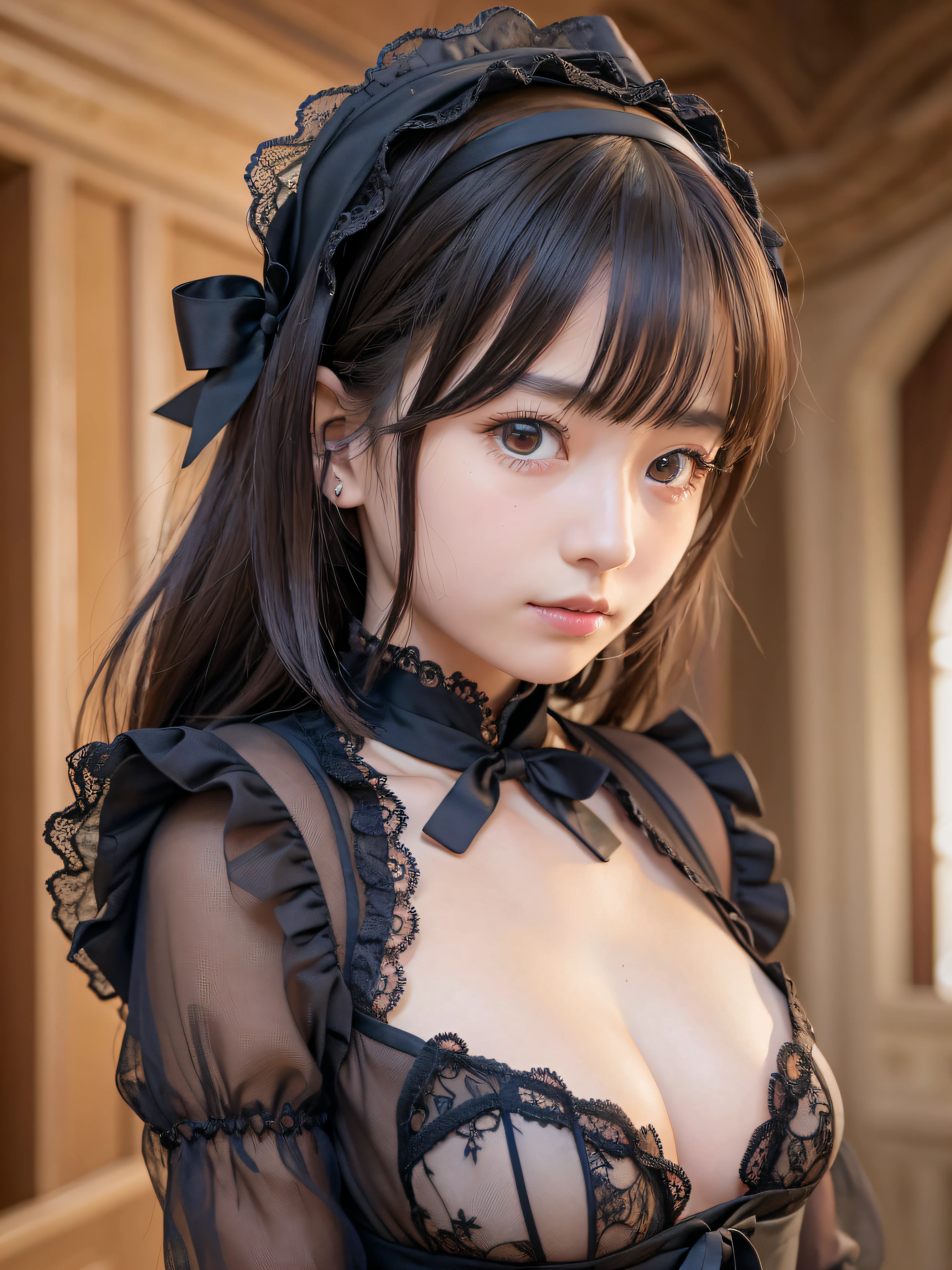 1 nogizaka girl, utterly cute, bishojo, 12yo, (gothic lolita fashion), an exquisitely detailed and beautiful face and eyes and skin, detailed black shine hair, (small breasts), (cleavage), (open chest), elegant frills, frilled tie, ribbon tie, rose hair accessory, (smile at the camera), (cowboy shot), (castle in europe), professional lighting, BREAK, (realistic, photo-realistic:1.37), 8k, (masterpiece), (best quality:1.4), (ultra high res:1.2), (RAW photo:1.2), (a dress with delicate lace, soft fabric, and a beautiful rose pattern), perfect anatomy, 4fingers and 1thumbs, ultra detailed background, (unity 8k wallpaper)