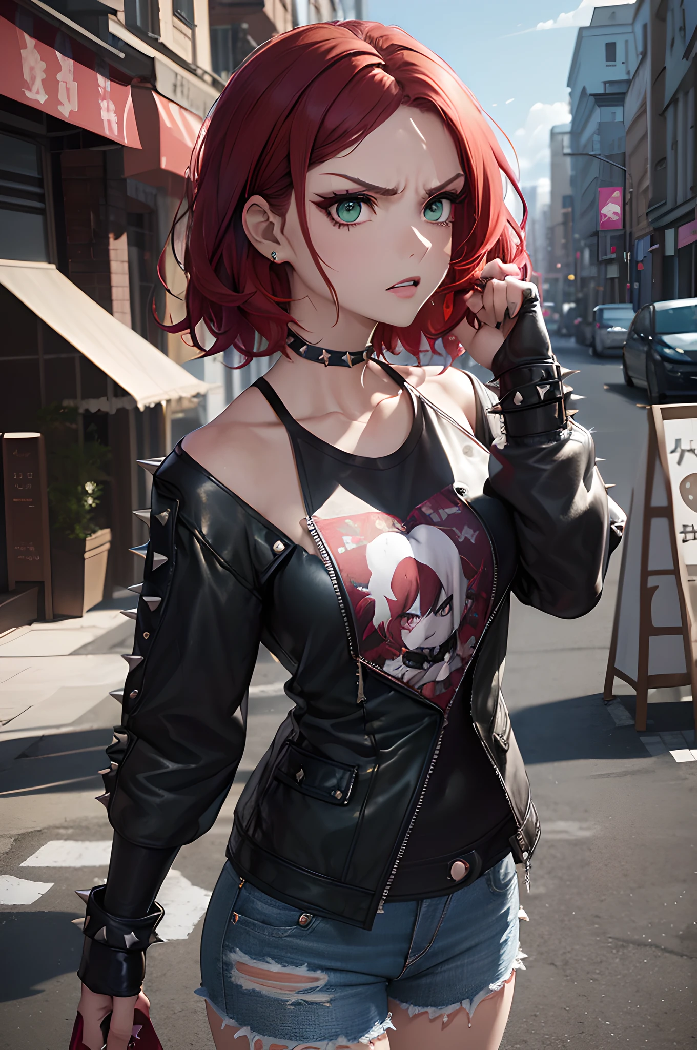 (masterpiece), (portrait), (aesthetic), (beautiful), (upper blody), (high quality), (aesthetic clothings), (professional angle), (rule of thirds), (Feminine), (woman), (female), (beautiful),(feminine features), (21 years), solo, 1 woman, (attractive English), Angry, (-), (Daytime), (Dramatic light), ((Angry Expression)), (Clenched Fists Hands), ((Looking Forward Face)), ((Furious)), (Edgy Make-up), (Moderate Bust), (Studded Bracelet), ((Short Hair)), (Red Hair), (Wavy Hair), (Spiky hair), (Punk Accessories in Hair), (Narrowed Eyes), (Green Eyes), (Fierce Look), Fair skin, (Dark Contrasts Clothing), (Leather Jacket), (Graphic Tee), (Jeans ), (Crew Neck Neckline), ((Urban Setting background)), (Medium Shot Shot),