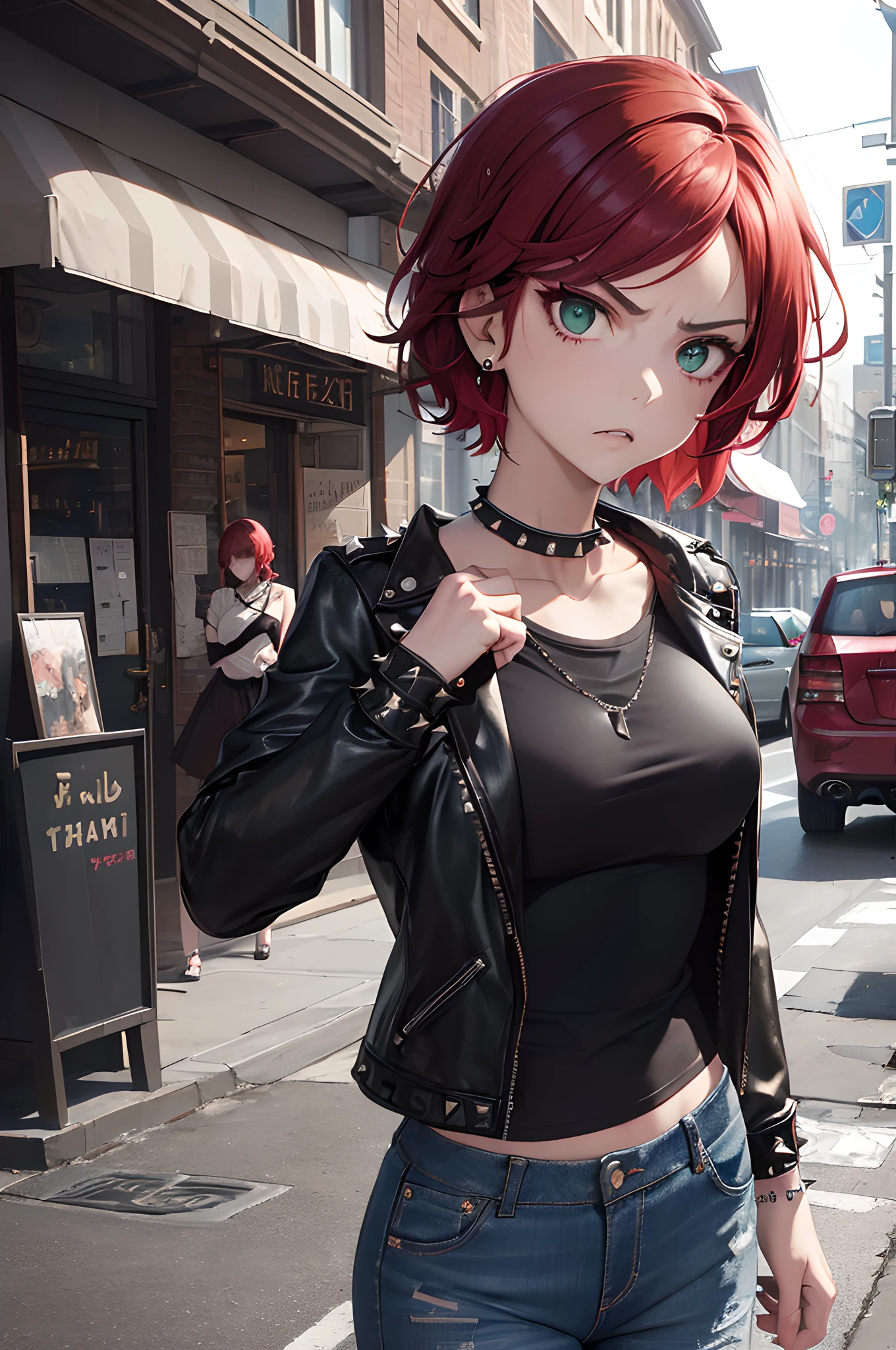 (masterpiece), (portrait), (aesthetic), (beautiful), (upper blody), (high quality), (aesthetic clothings), (professional angle), (rule of thirds), (Feminine), (woman), (female), (beautiful),(feminine features), (21 years), solo, 1 woman, (attractive English), Angry, (-), (Daytime), (Dramatic light), ((Angry Expression)), (Clenched Fists Hands), ((Looking Forward Face)), ((Furious)), (Edgy Make-up), (Moderate Bust), (Studded Bracelet), ((Short Hair)), (Red Hair), (Wavy Hair), (Spiky hair), (Punk Accessories in Hair), (Narrowed Eyes), (Green Eyes), (Fierce Look), Fair skin, (Dark Contrasts Clothing), (Leather Jacket), (Graphic Tee), (Jeans ), (Crew Neck Neckline), ((Urban Setting background)), (Medium Shot Shot),