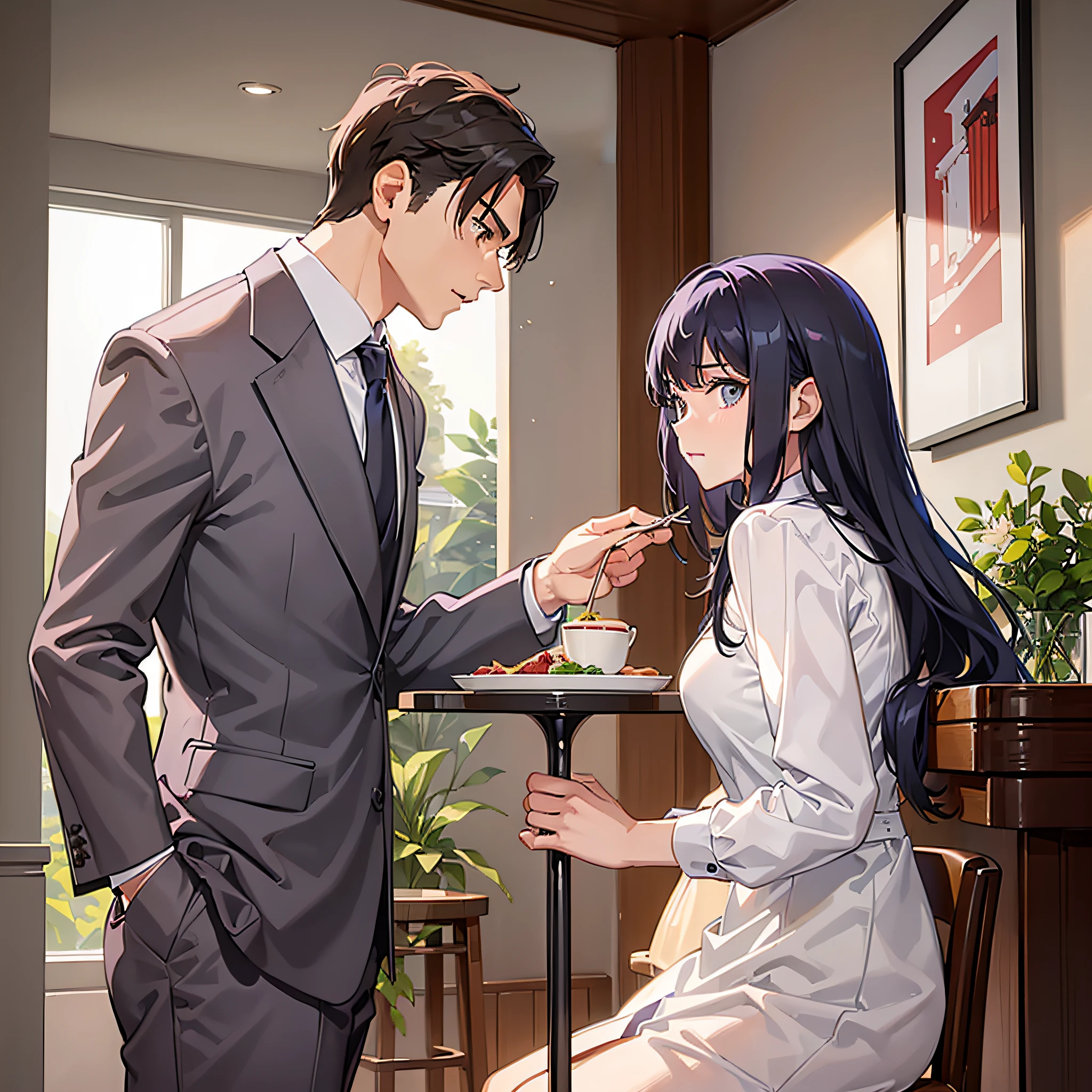 (A Man in a Suit 1.6)
(Man staring at a woman lewdly 1.9)
(The woman sits on a stool at the feast, 1.9)
(Woman's expression helplessness 1.8)