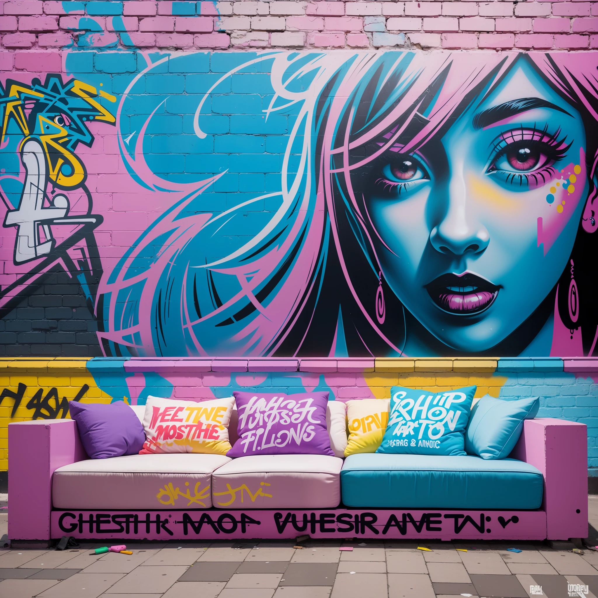 ((best quality)), ((masterpiece)), ((realistic)), A naughty girl playfully teasing in a bustling city street, surrounded by colorful graffiti and street art. The scene is illuminated by vibrant neon lights, casting bold and contrasting colors. The artwork is created in the style of Banksy's urban art, using spray paint on a brick wall. The color scheme should emphasize blues and purples, creating a visually striking composition. It should be a high-definition mural with gritty textures, capturing the dynamic and energetic atmosphere. on eye level, scenic, masterpiece