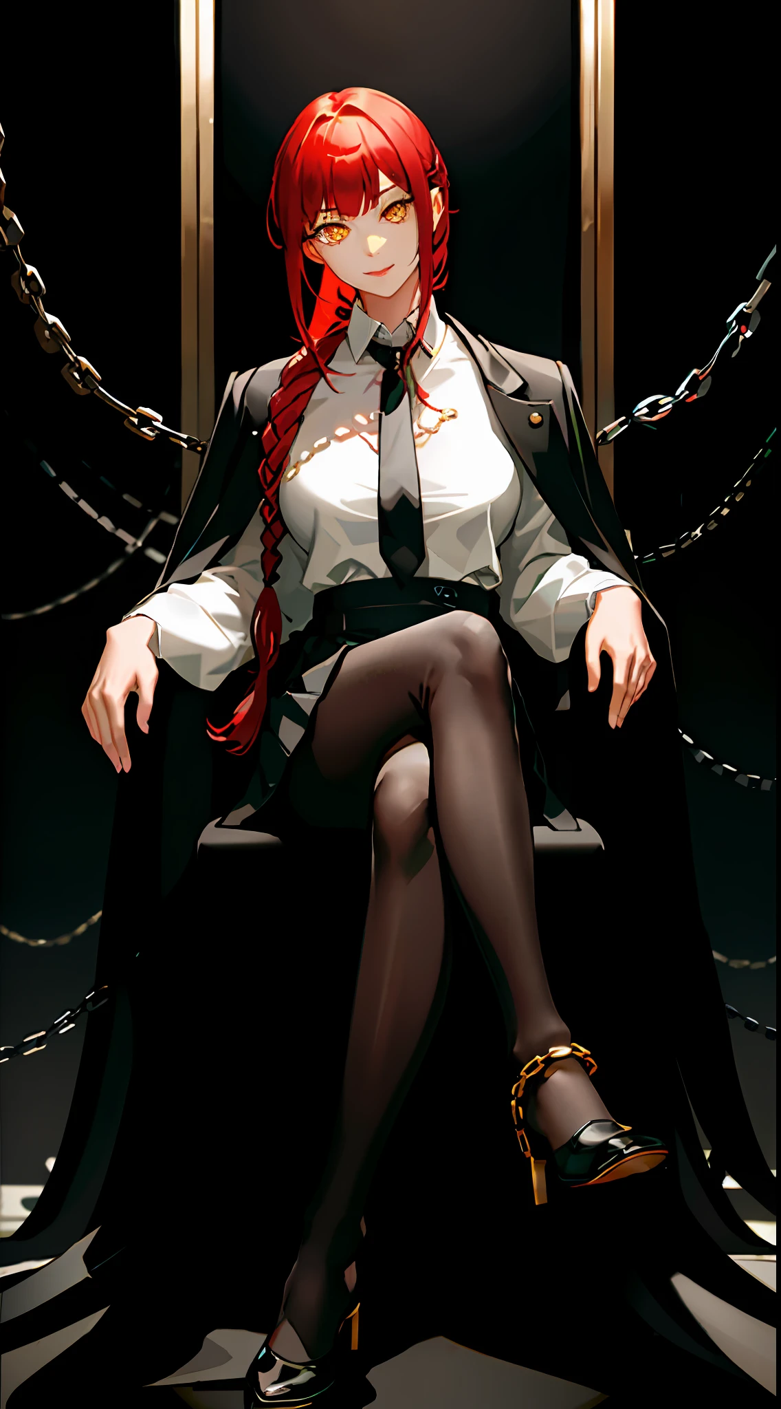 masterpiece, (photorealistic:1.4), best quality, beautiful lighting,KPop idol,adult,white blouse,black tie,high hells,black skirt,black pantyhose,black jacket
(ulzzang-6500:0.5), makima \(chainsaw man\), (red hair)+(long braided hair)+(bangs), yellow eyes, golden eyes, ((ringed eyes)),large breast,full body, detailed face,smile,
RAW photo, 8k uhd, film grain,blurry background,, sitting, (crossed legs:1.3),throne chair,(dark background, chains:1.3),