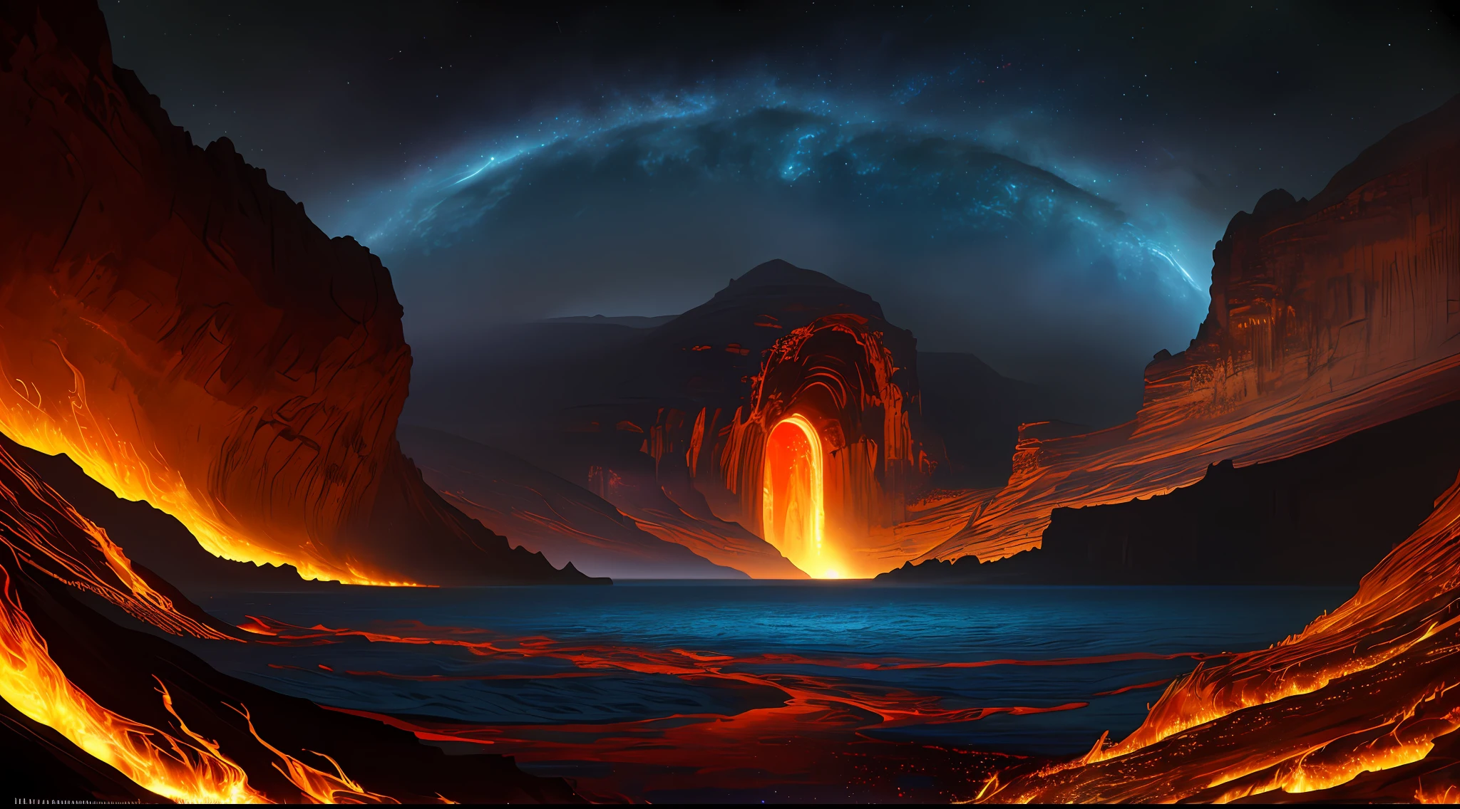 A beautiful Earth full of water and lava, intricate, masterpiece, expert, very detailed, 4k, composition, frame, center, symmetry, painting, intricate, volumetric lighting, beautiful, rich dark masterpiece, sharp focus, ultra-detail, in the style of Dan Mumford and Marc Simonetti, astrophotography