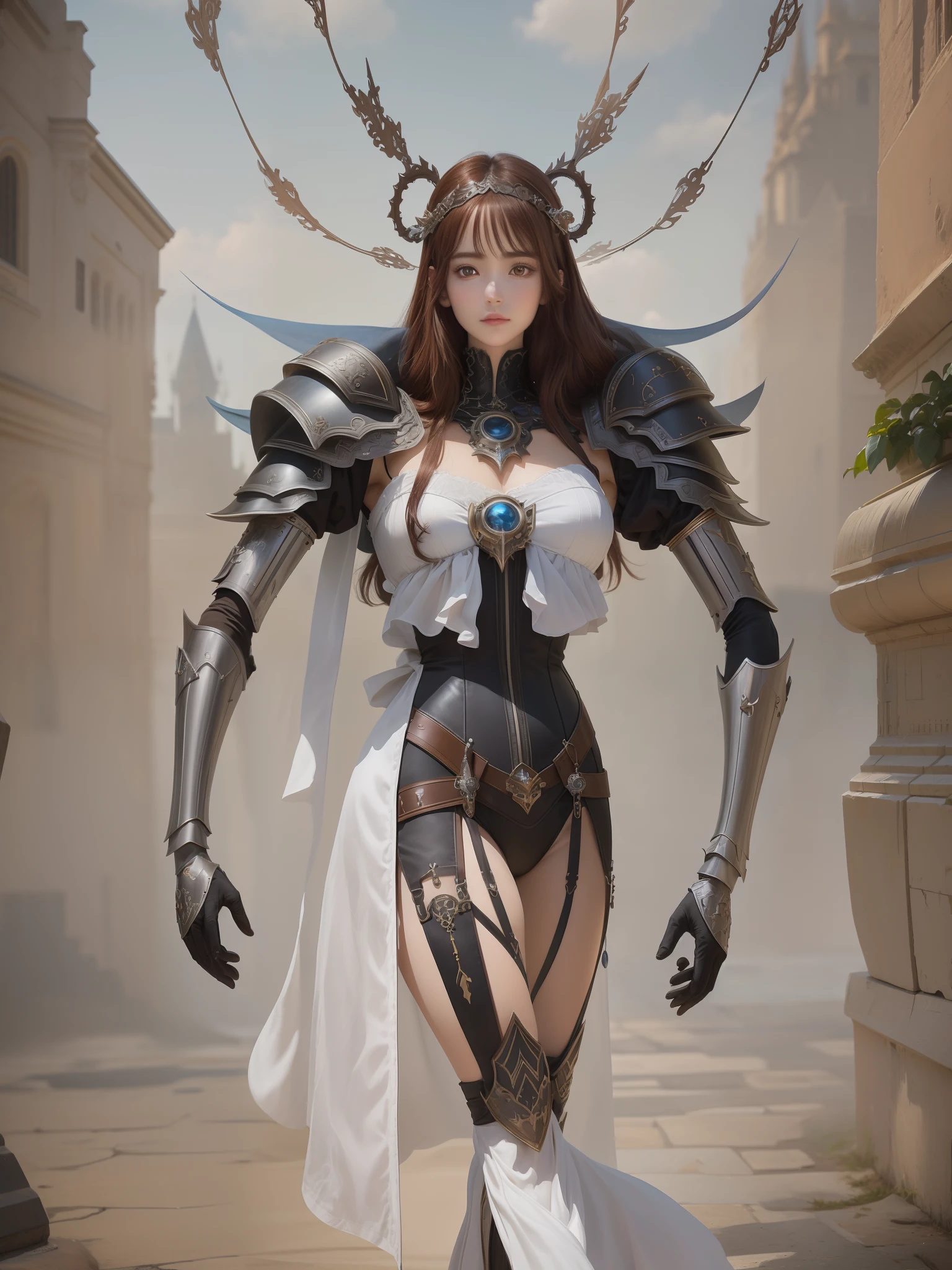 best quality, masterpiece, (realistic:1.2), 1 ghost girl , brown hair, brown eyes,Front, detailed face, beautiful eyes, gothic city, armor,