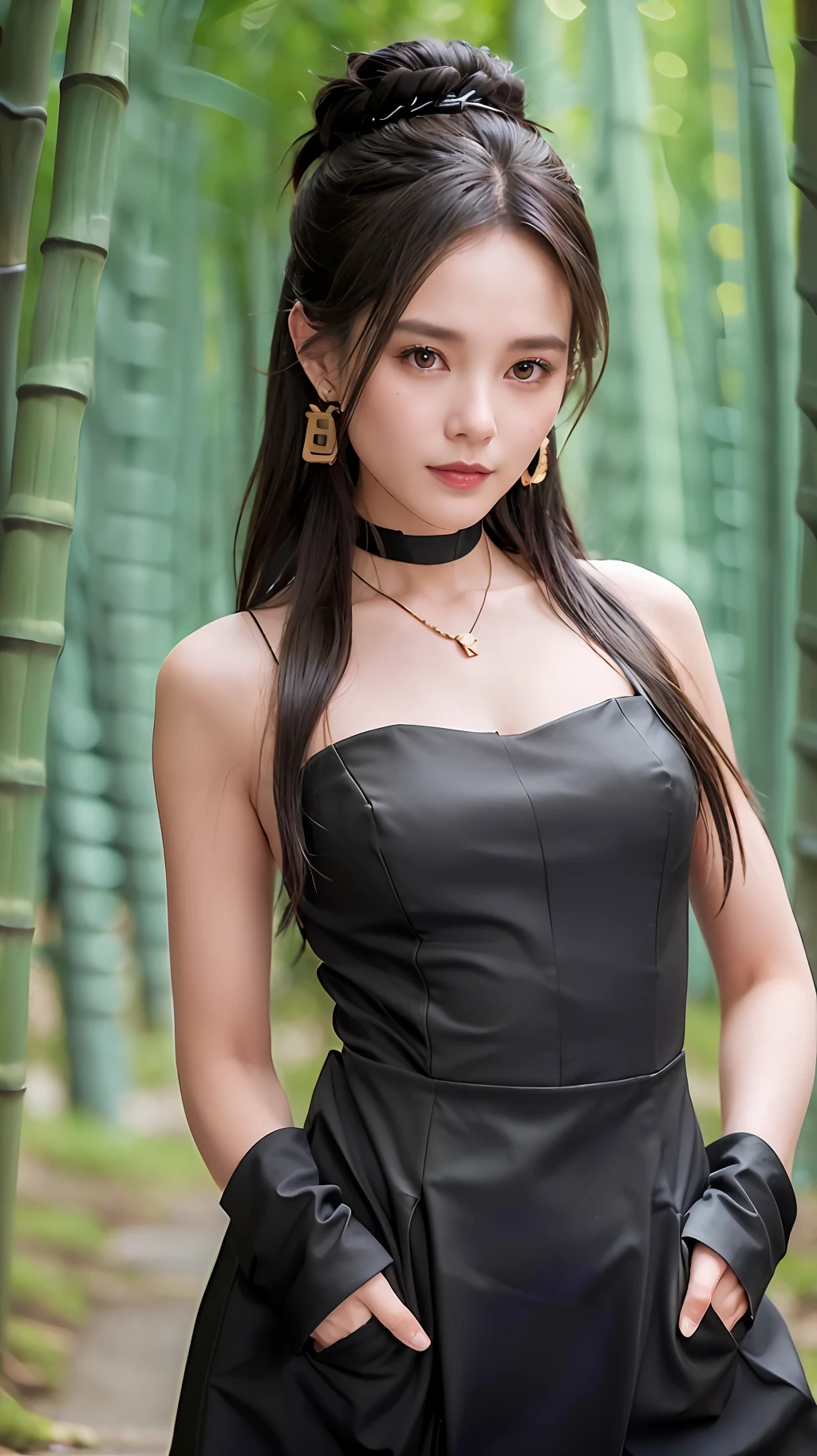 jewelry, solo, earrings, necklace, brunette hair, smile, single bun, (formal:1.6), reality, bun, bracelet, grin, ulzzang-6500v1.1, (original: 1.2), (reality: 1.3) , beautiful girl with beautiful details, extremely detailed eyes and face, eyes with beautiful details, ridiculous, incredibly ridiculous, huge file size, ultra detail, high resolution, super detailed, best quality, masterpiece, Illustrations, super detailed and beautiful, super detailed, CG, unity, 8k wallpaper, amazing, fine details, masterpiece, top quality, extremely detailed CG Unity 8k wallpaper, cinematic lights, (perfect shiny skin:0.6), slender and smooth lines, (floating), (small breasts: 1), earrings, ((full body photo))), (((in the bamboo forest))), (hands in pockets)))), (((be sure to wear clothes))