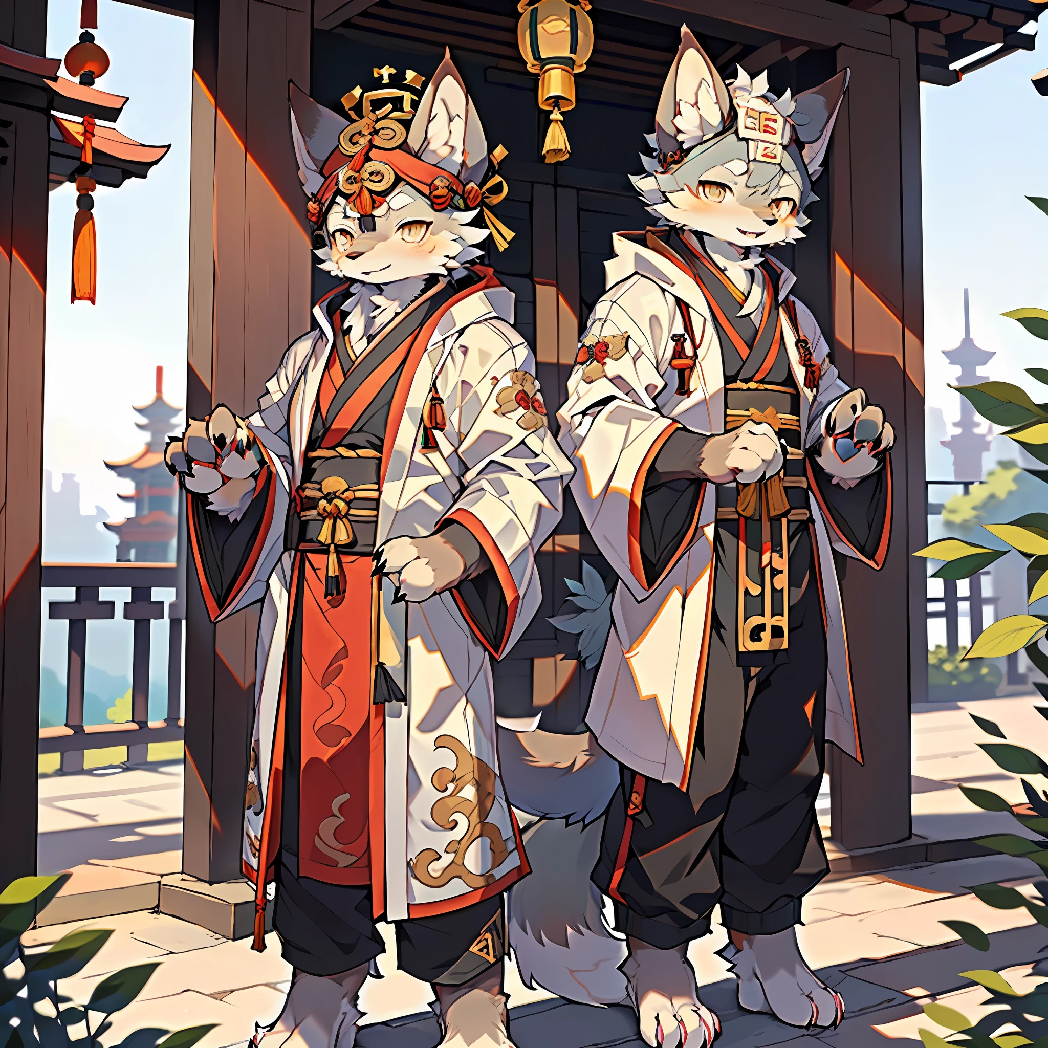 (Best Quality), (Masterpiece), ((Solitary), (Ultra-detailed), (Furry), Full Body Furry, Furry, (Male Arctic Fox: 1.5), (Gray Skin: 1.3), (Fluffy Tail: 1.2), Character Focus, (Golden Eyes), (Canine Paws), (Gray Ears), Sharp Focus, (Furry Feeling of Animal Ears), (((Wearing Taoist Robe))), (Chinese Taoist Robe), Standing in front of the Taoist Temple, standing in front of the temple, with a serious and cold expression